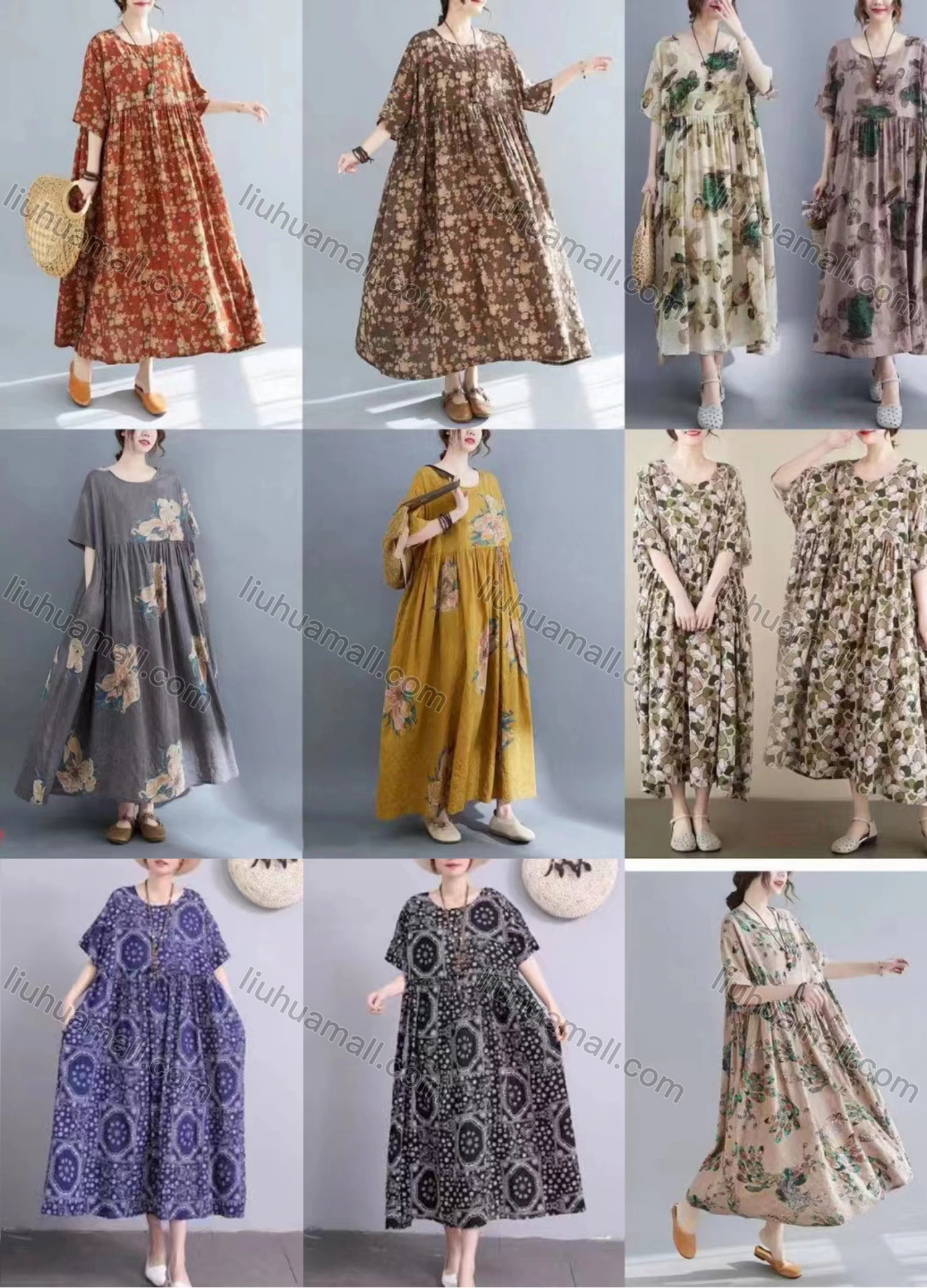 Wholesale Women's Casual Scoop Neck Short Sleeve Shirred Allover Print Maxi Dress - Liuhuamall