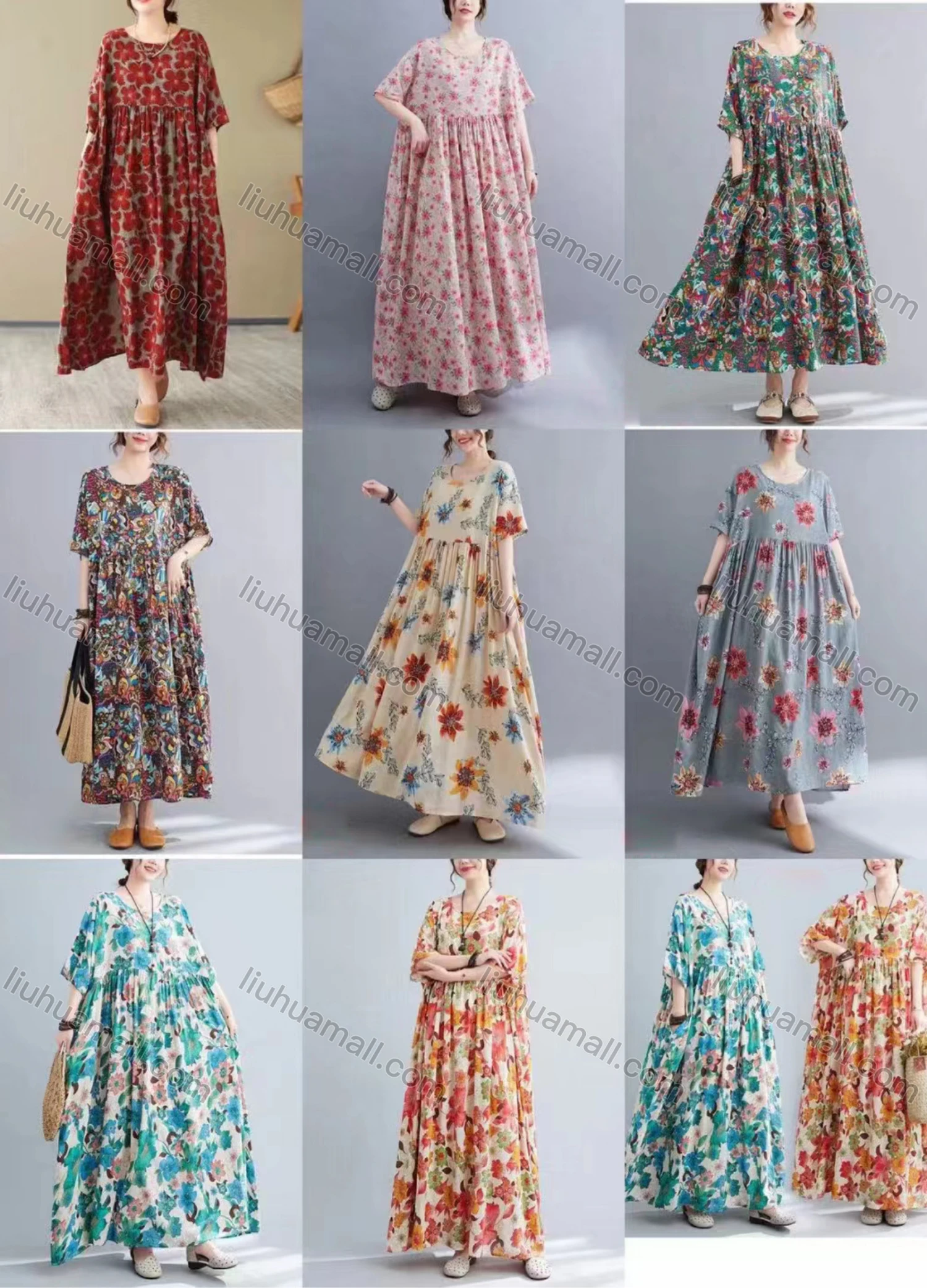 Wholesale Women's Casual Scoop Neck Short Sleeve Shirred Allover Print Maxi Dress - Liuhuamall