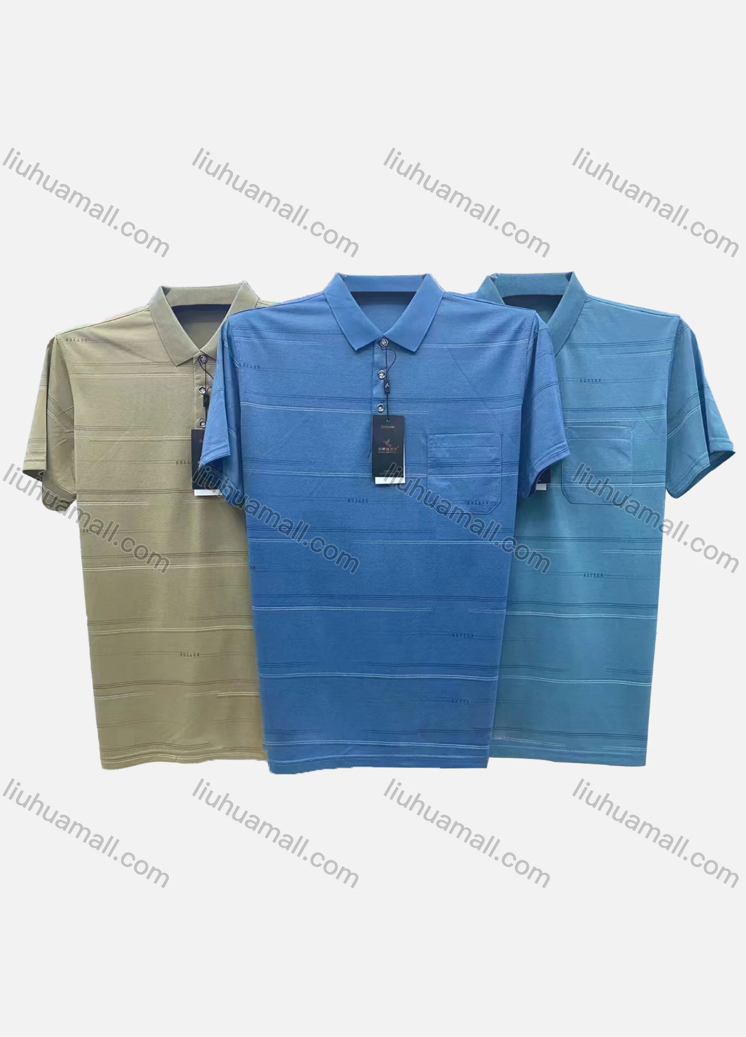 Wholesale Men's Casual Plain Striped Print Short Sleeve Patch Pocket Polo Shirt 188# - Liuhuamall