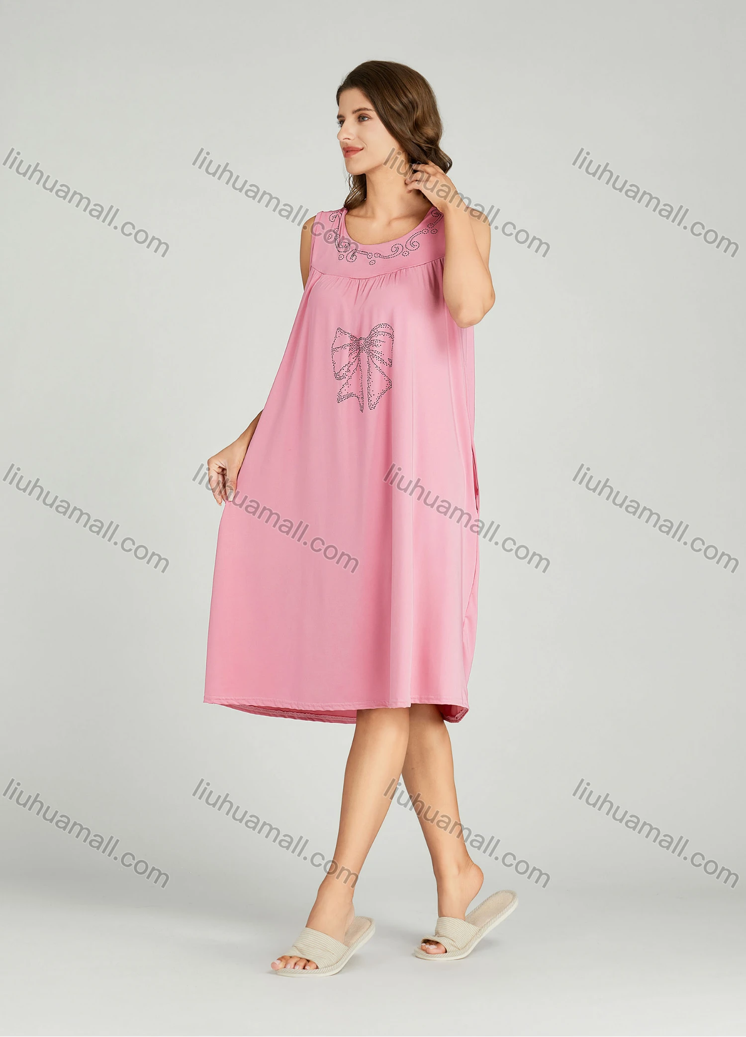 Wholesale Women's Milk Silk Plain Rhinestone Bowknot Crew Neck Side Pocket Ruched Lounge Midi Night Dress 1151# - Liuhuamall