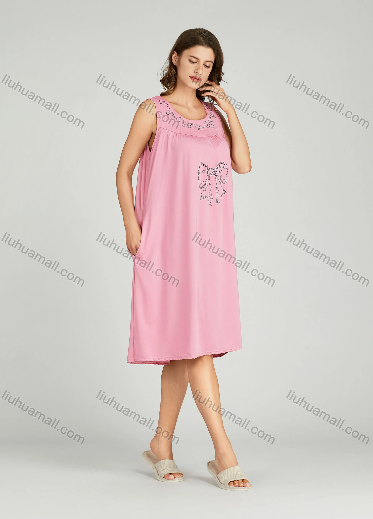 Wholesale Women's Milk Silk Plain Rhinestone Bowknot Crew Neck Side Pocket Ruched Lounge Midi Night Dress 1151# - Liuhuamall