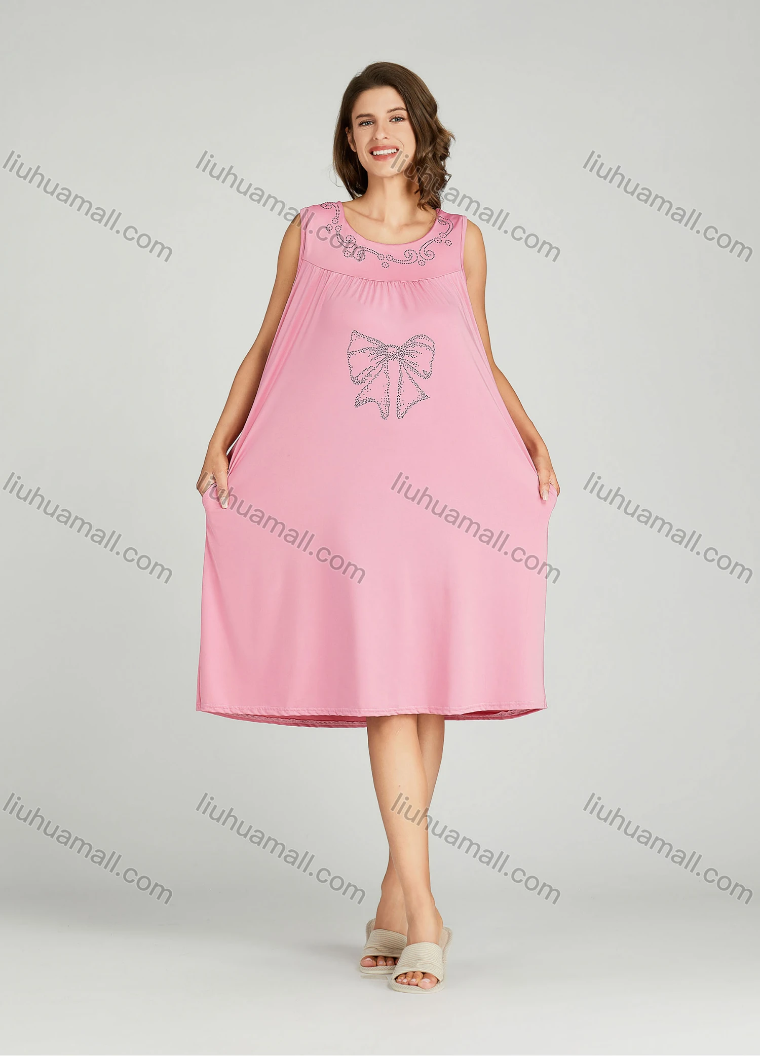 Wholesale Women's Milk Silk Plain Rhinestone Bowknot Crew Neck Side Pocket Ruched Lounge Midi Night Dress 1151# - Liuhuamall