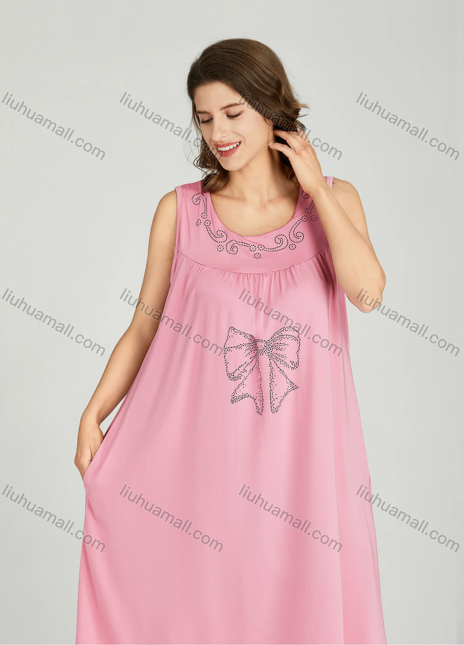 Wholesale Women's Milk Silk Plain Rhinestone Bowknot Crew Neck Side Pocket Ruched Lounge Midi Night Dress 1151# - Liuhuamall