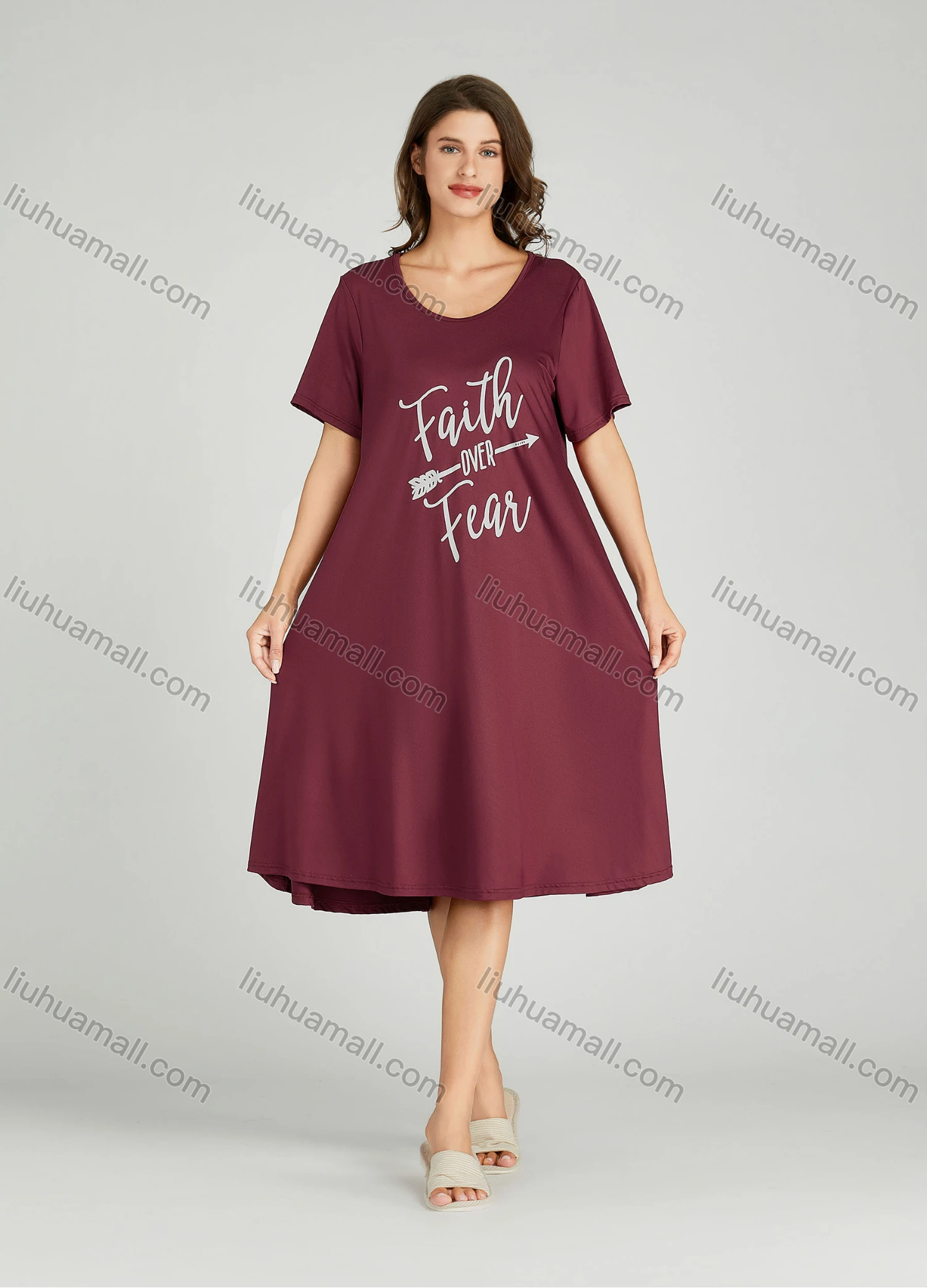Wholesale Women's Letter Scoop Neck Milk Silk Lounge Short Sleeve Midi Night Dress 8801# - Liuhuamall