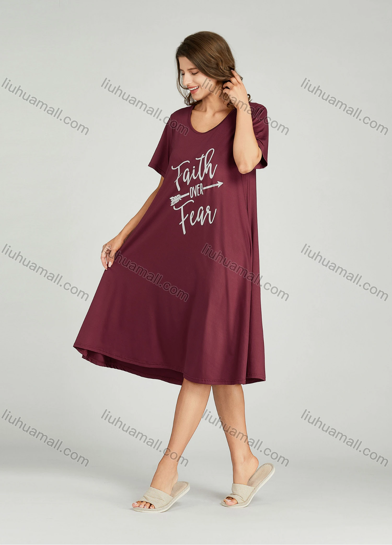 Wholesale Women's Letter Scoop Neck Milk Silk Lounge Short Sleeve Midi Night Dress 8801# - Liuhuamall