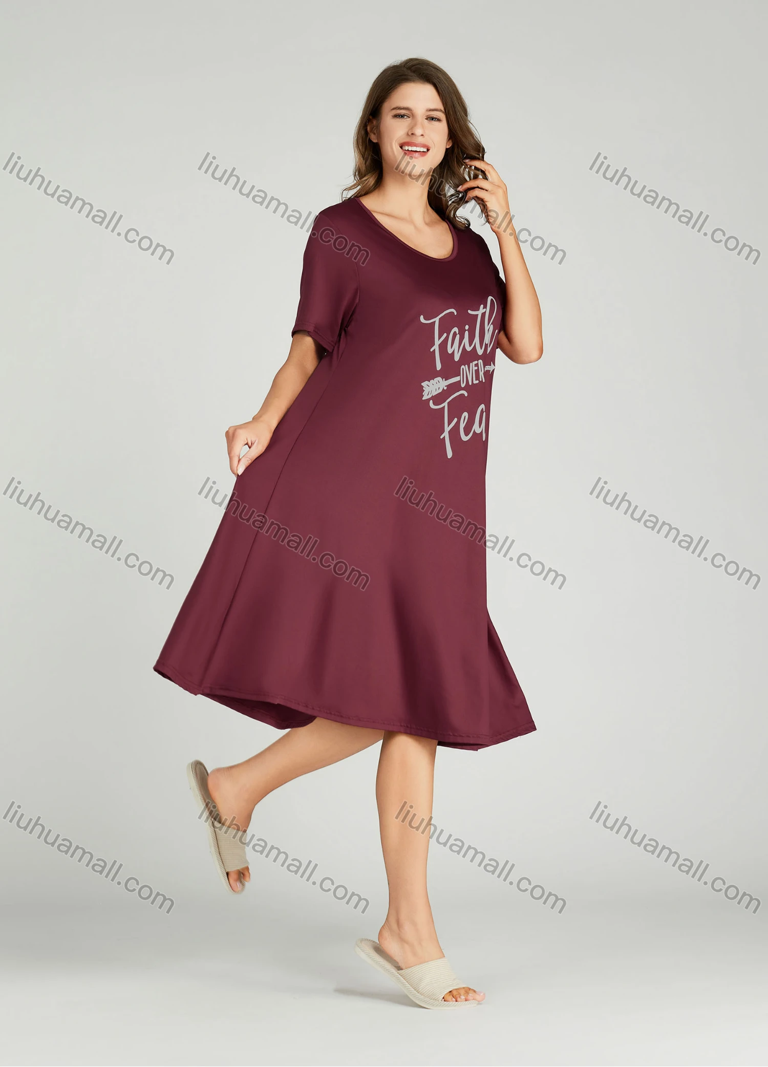 Wholesale Women's Letter Scoop Neck Milk Silk Lounge Short Sleeve Midi Night Dress 8801# - Liuhuamall