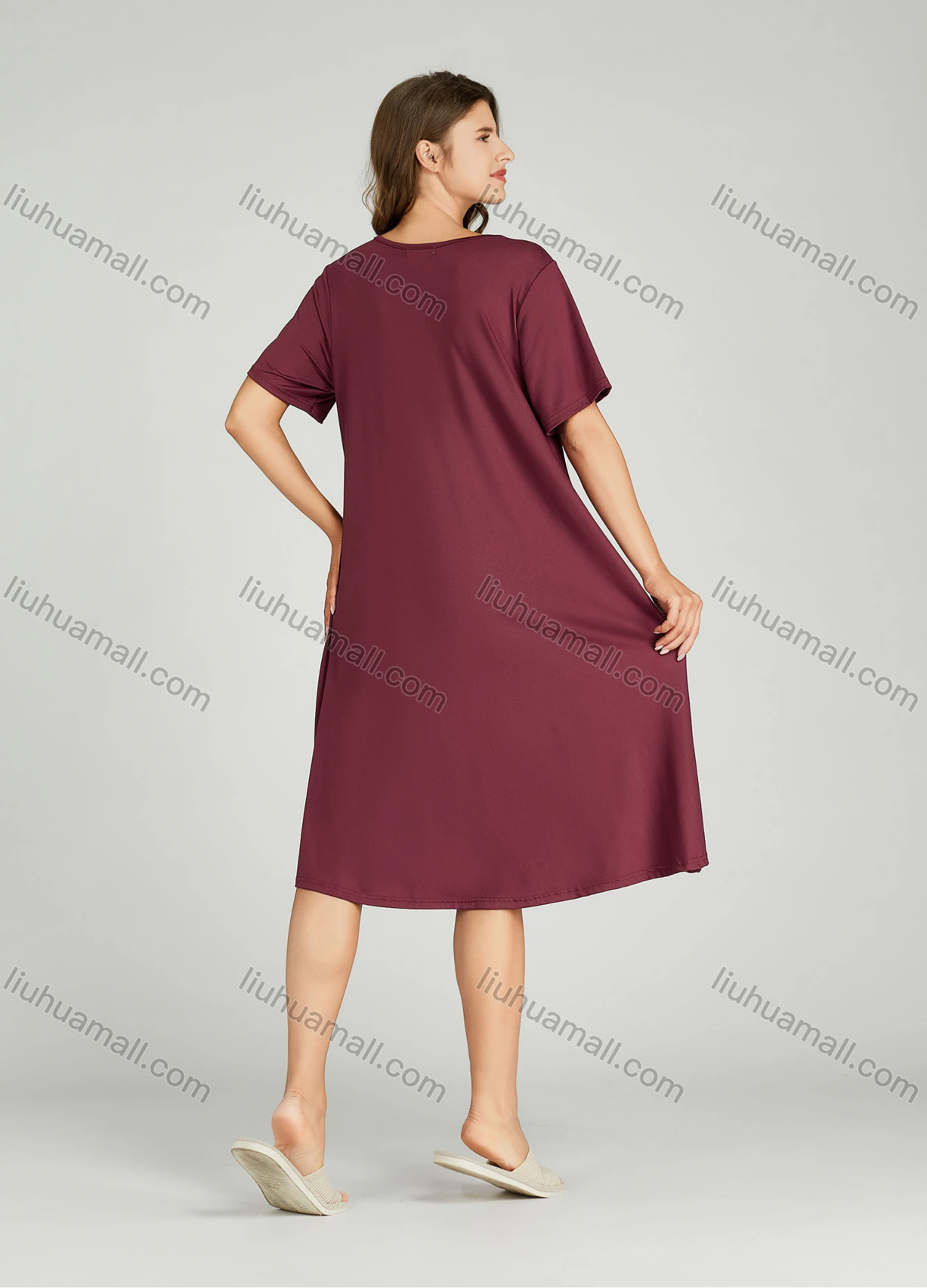 Wholesale Women's Letter Scoop Neck Milk Silk Lounge Short Sleeve Midi Night Dress 8801# - Liuhuamall