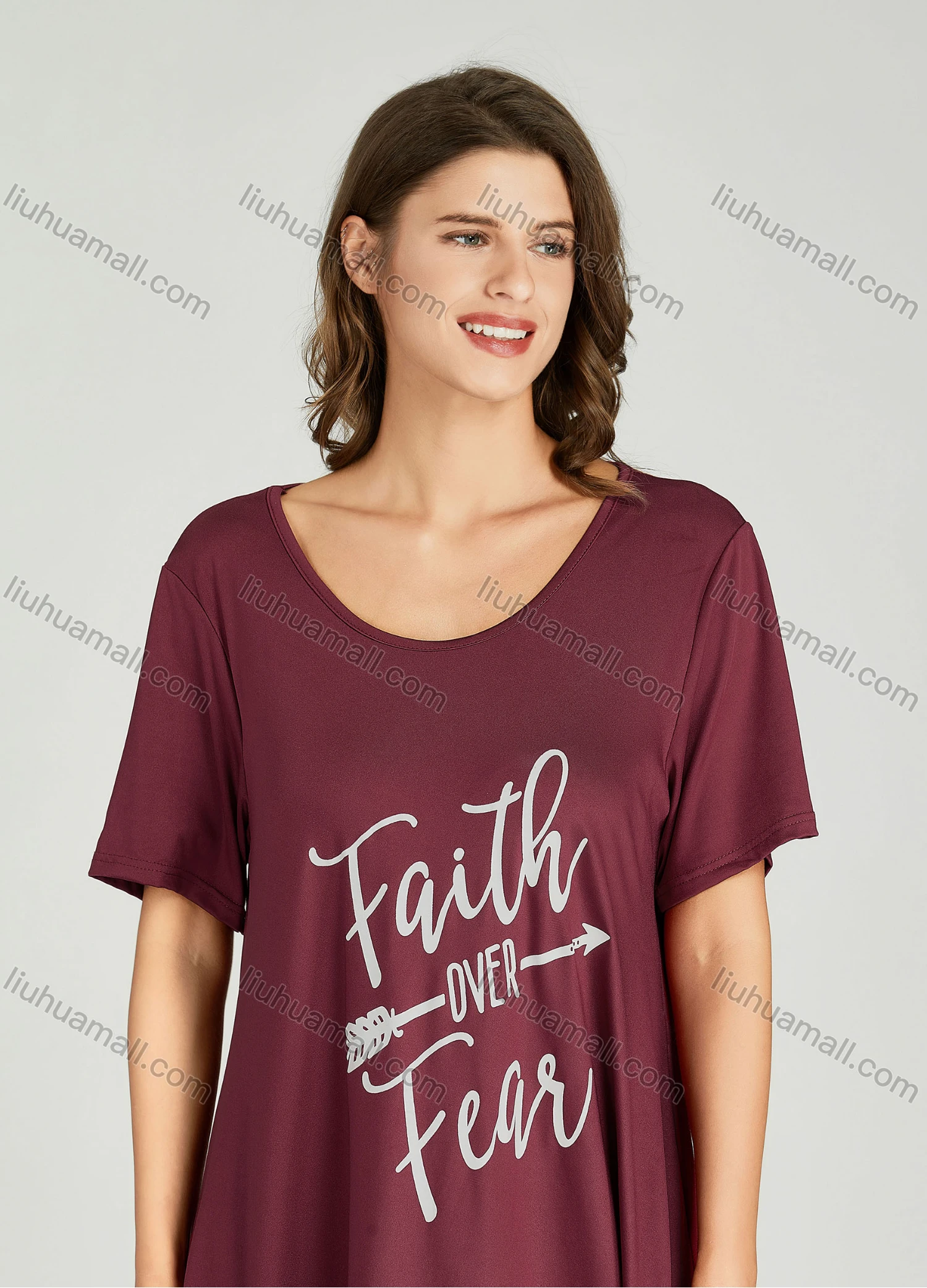 Wholesale Women's Letter Scoop Neck Milk Silk Lounge Short Sleeve Midi Night Dress 8801# - Liuhuamall