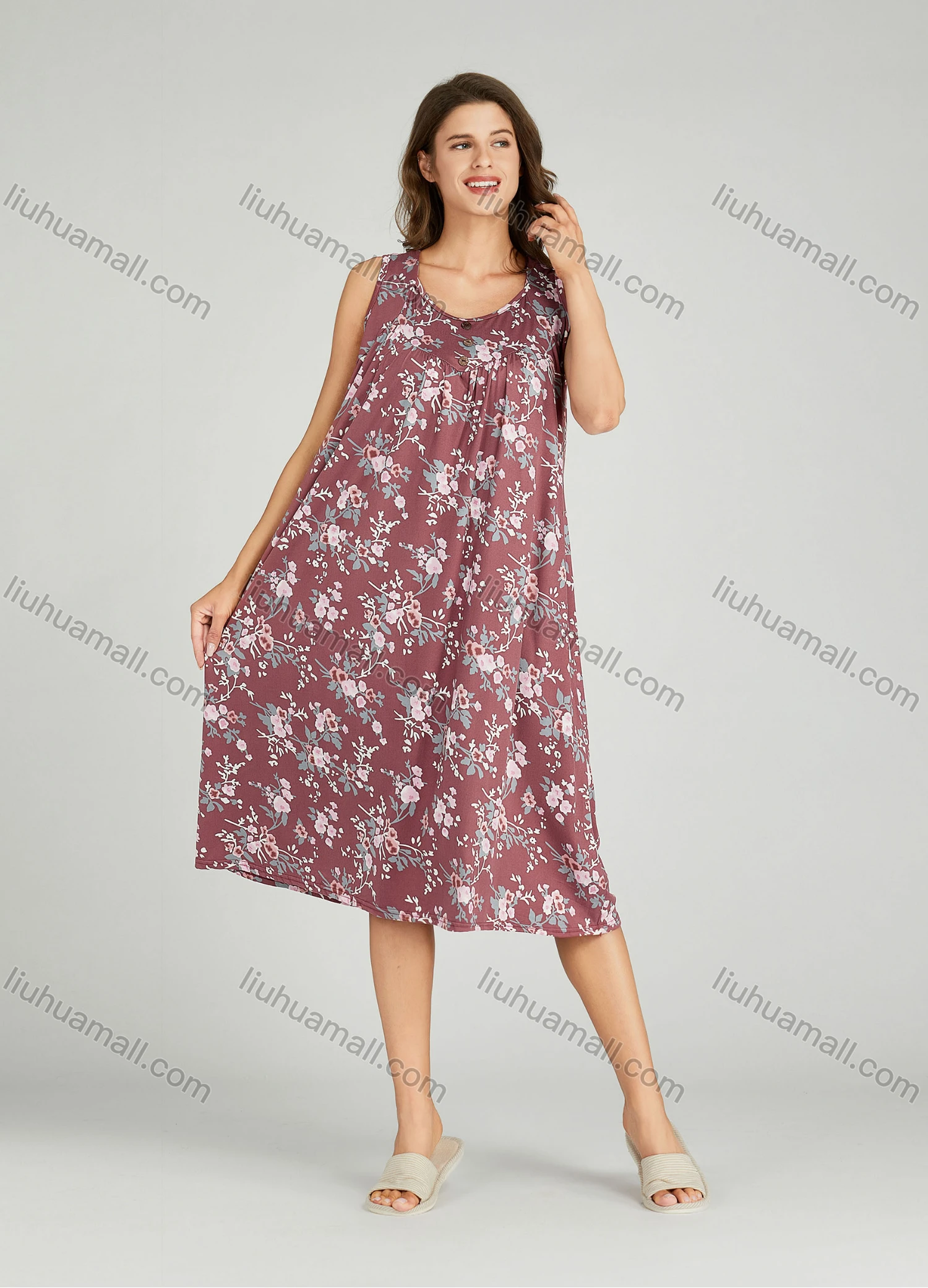 Wholesale Women's Allover Floral Print Ruched Milk Silk Button Decor Lounge Midi Night Dress 1163# - Liuhuamall