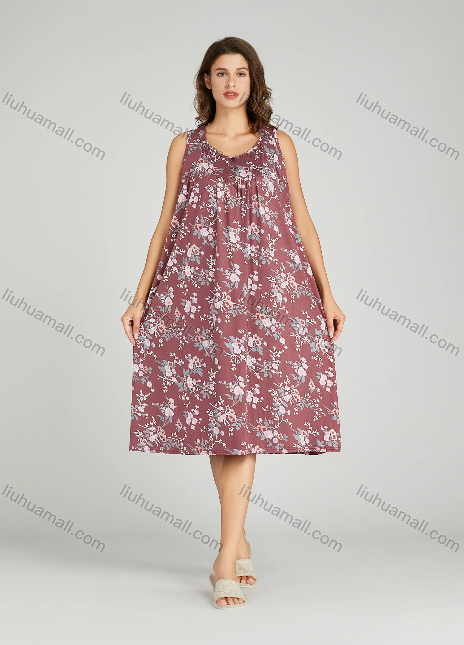 Wholesale Women's Allover Floral Print Ruched Milk Silk Button Decor Lounge Midi Night Dress 1163# - Liuhuamall
