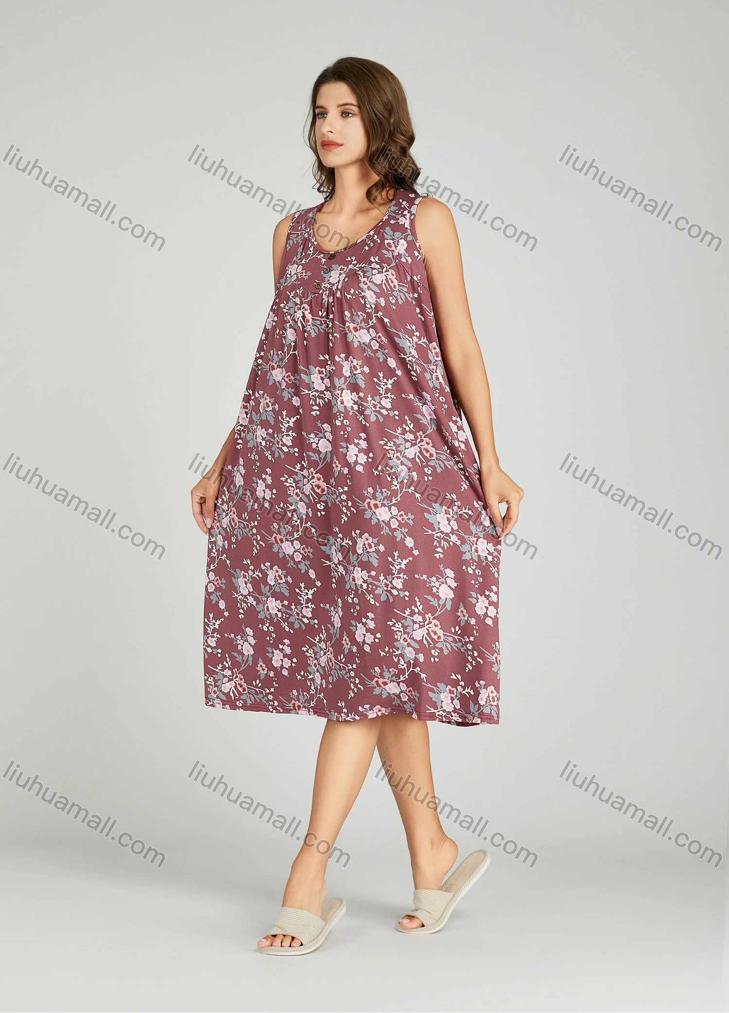 Wholesale Women's Allover Floral Print Ruched Milk Silk Button Decor Lounge Midi Night Dress 1163# - Liuhuamall