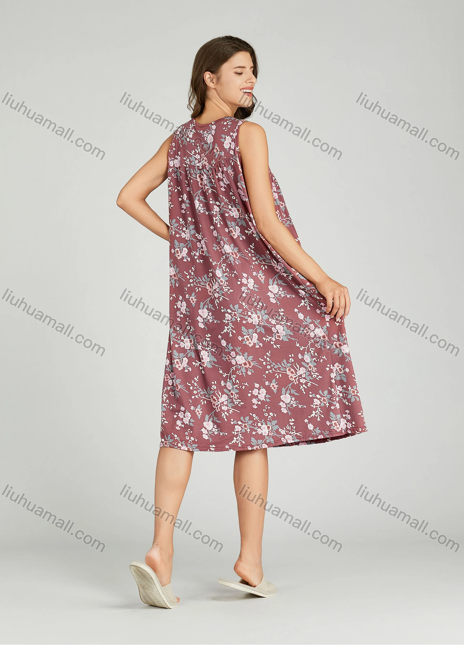 Wholesale Women's Allover Floral Print Ruched Milk Silk Button Decor Lounge Midi Night Dress 1163# - Liuhuamall