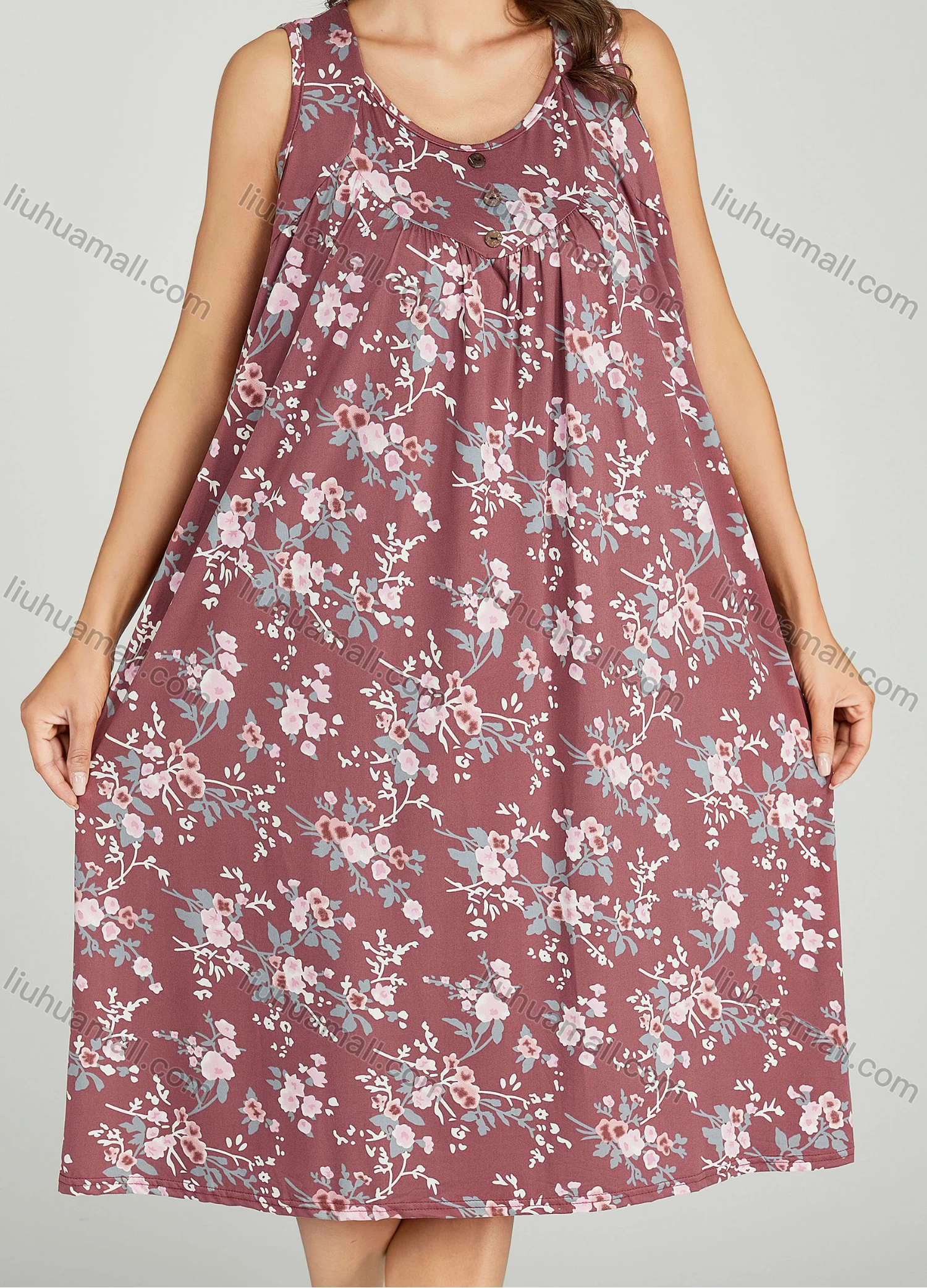 Wholesale Women's Allover Floral Print Ruched Milk Silk Button Decor Lounge Midi Night Dress 1163# - Liuhuamall