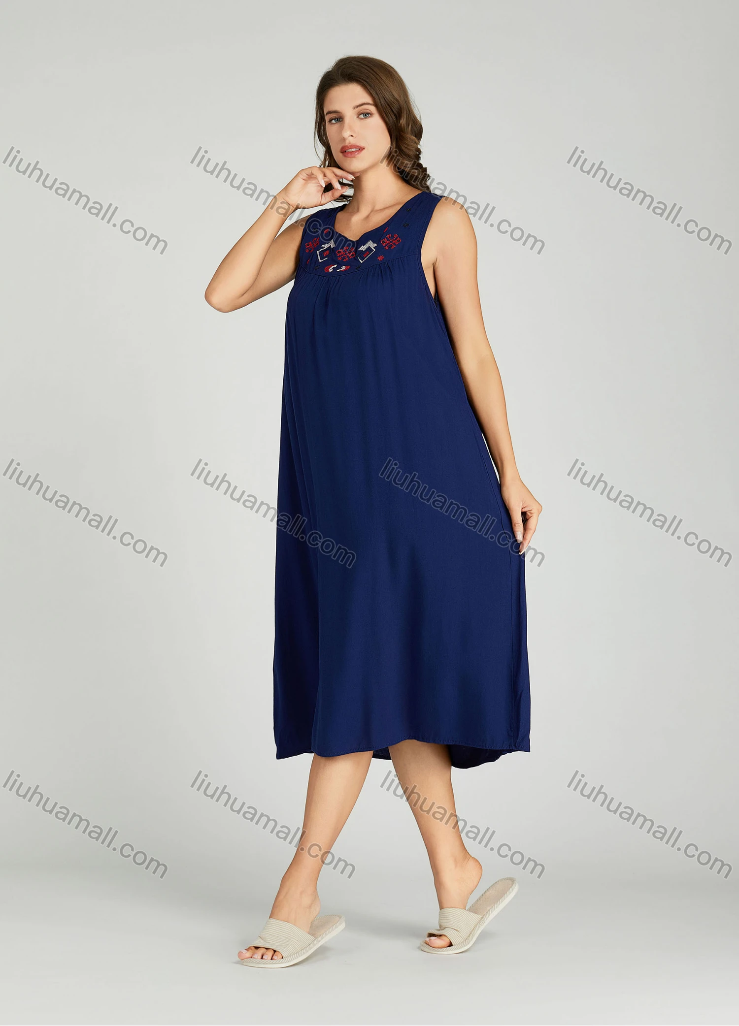 Wholesale Women's Snowflake Embroidered Scoop Neck Ruched Lounge Midi Sleeveless Night Dress 221# - Liuhuamall