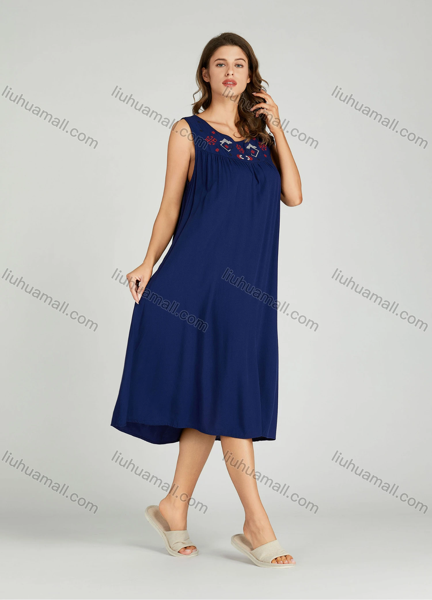 Wholesale Women's Snowflake Embroidered Scoop Neck Ruched Lounge Midi Sleeveless Night Dress 221# - Liuhuamall