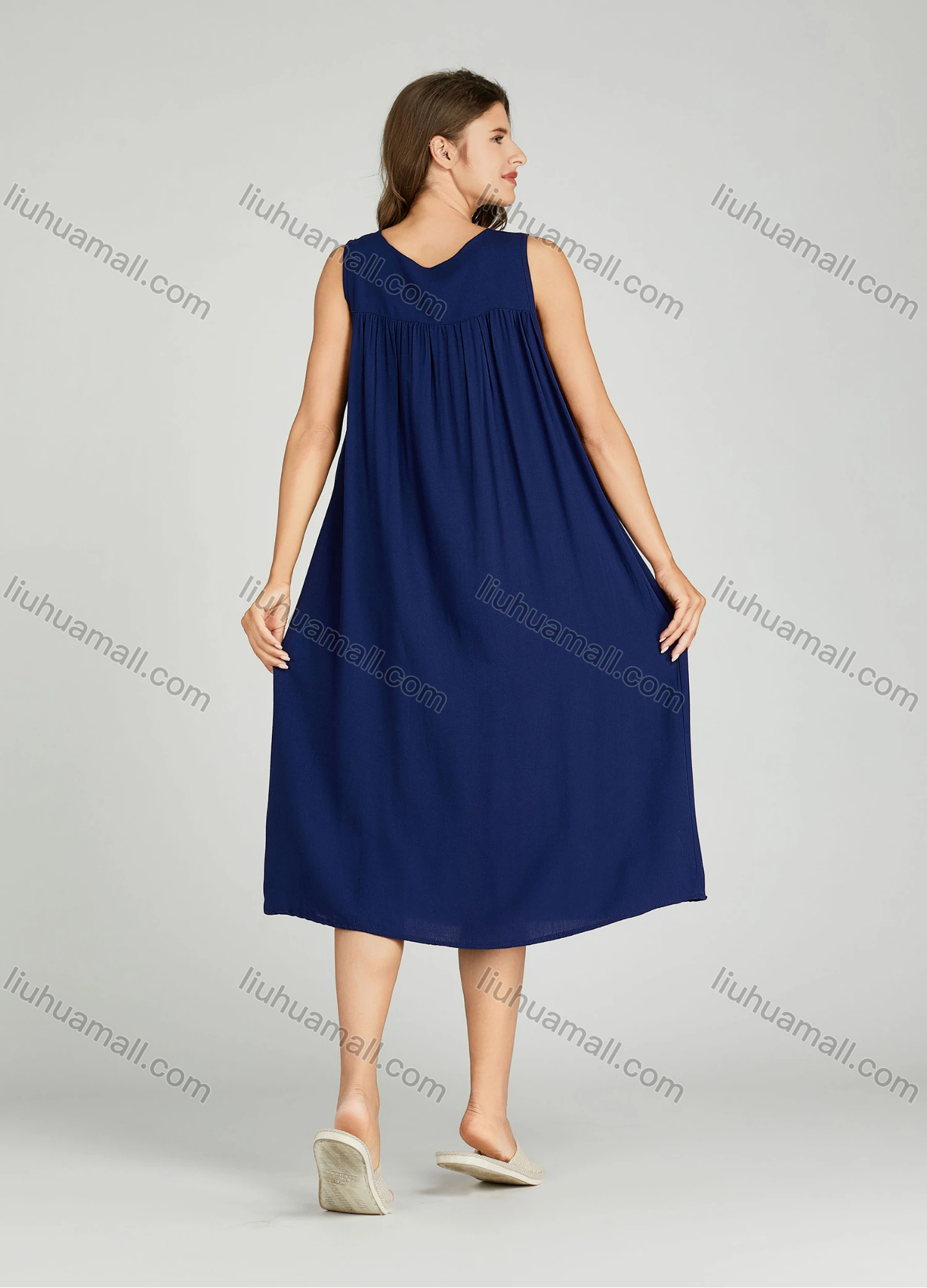 Wholesale Women's Snowflake Embroidered Scoop Neck Ruched Lounge Midi Sleeveless Night Dress 221# - Liuhuamall