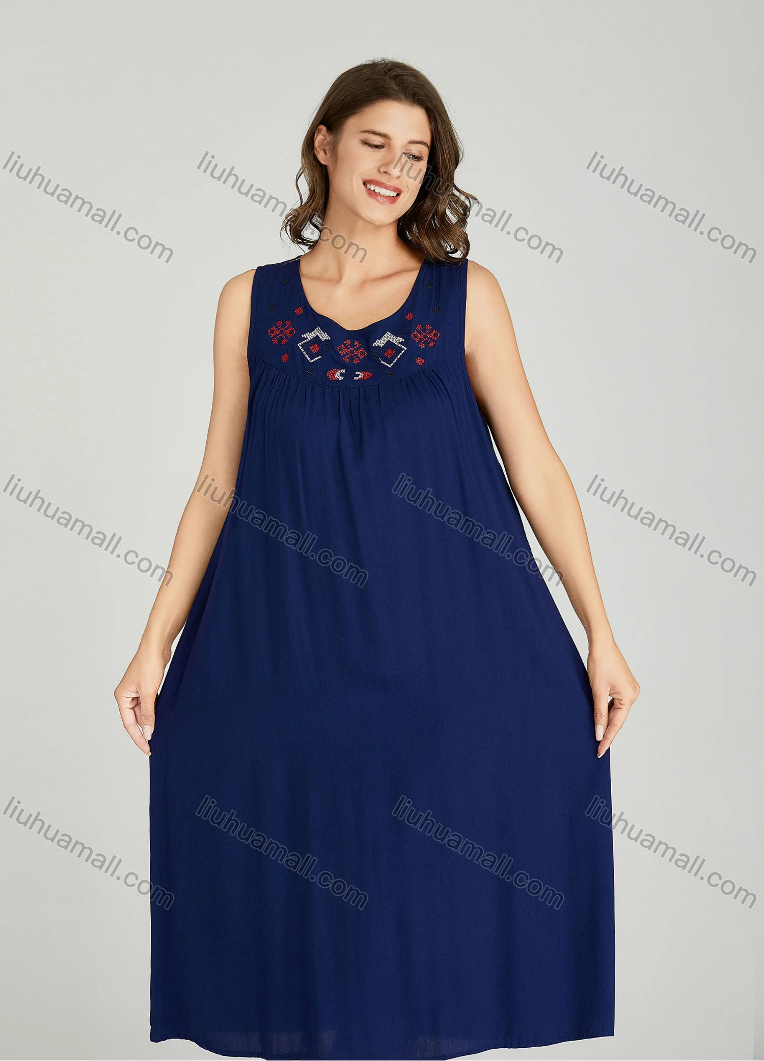 Wholesale Women's Snowflake Embroidered Scoop Neck Ruched Lounge Midi Sleeveless Night Dress 221# - Liuhuamall