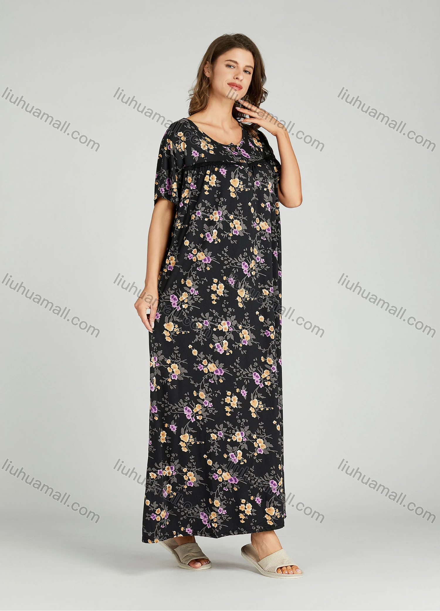 Wholesale Women's Allover Floral Print Milk Silk Scoop Neck Lace Trim Lounge Maxi Night Dress 5014# - Liuhuamall