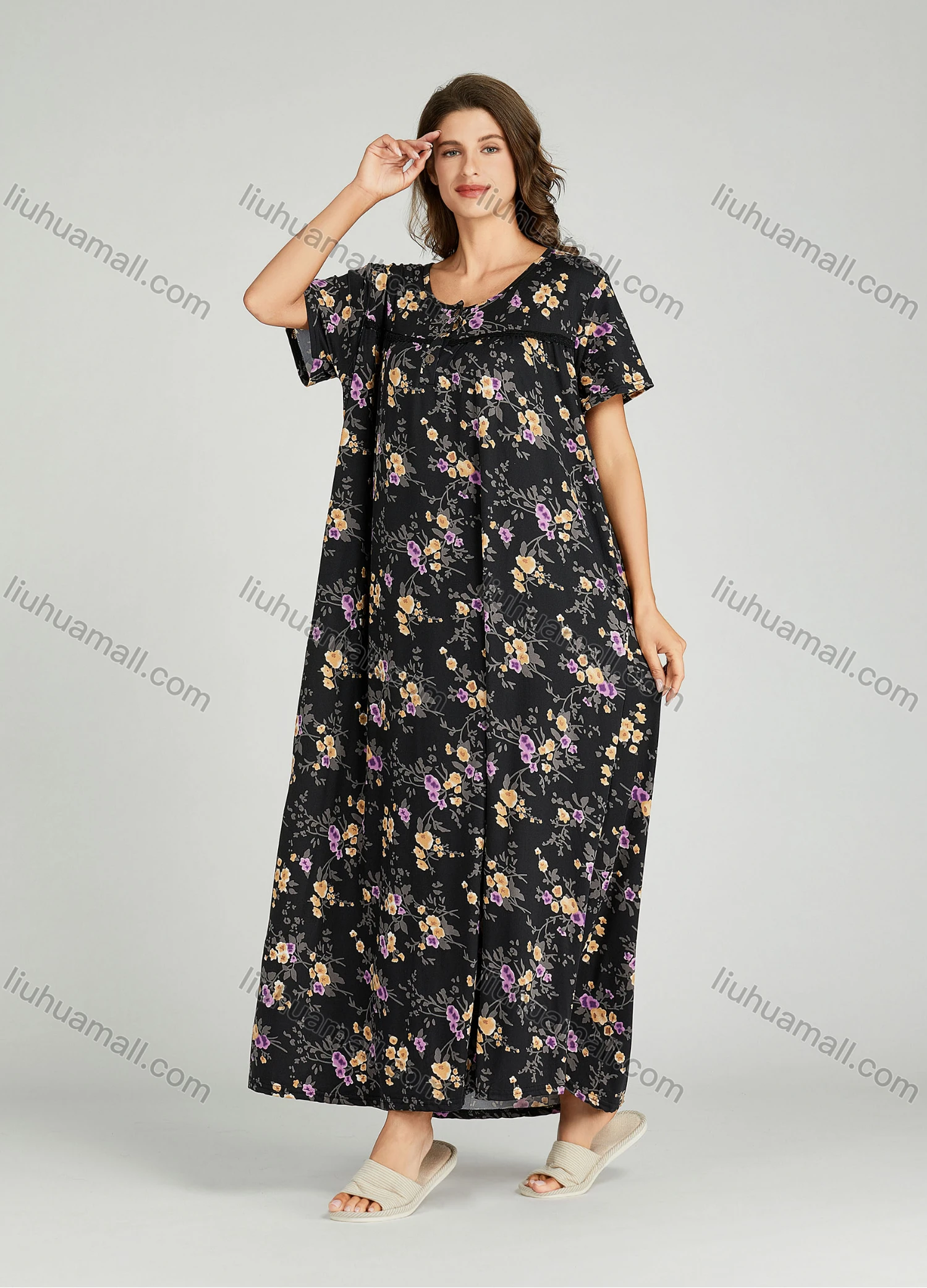 Wholesale Women's Allover Floral Print Milk Silk Scoop Neck Lace Trim Lounge Maxi Night Dress 5014# - Liuhuamall