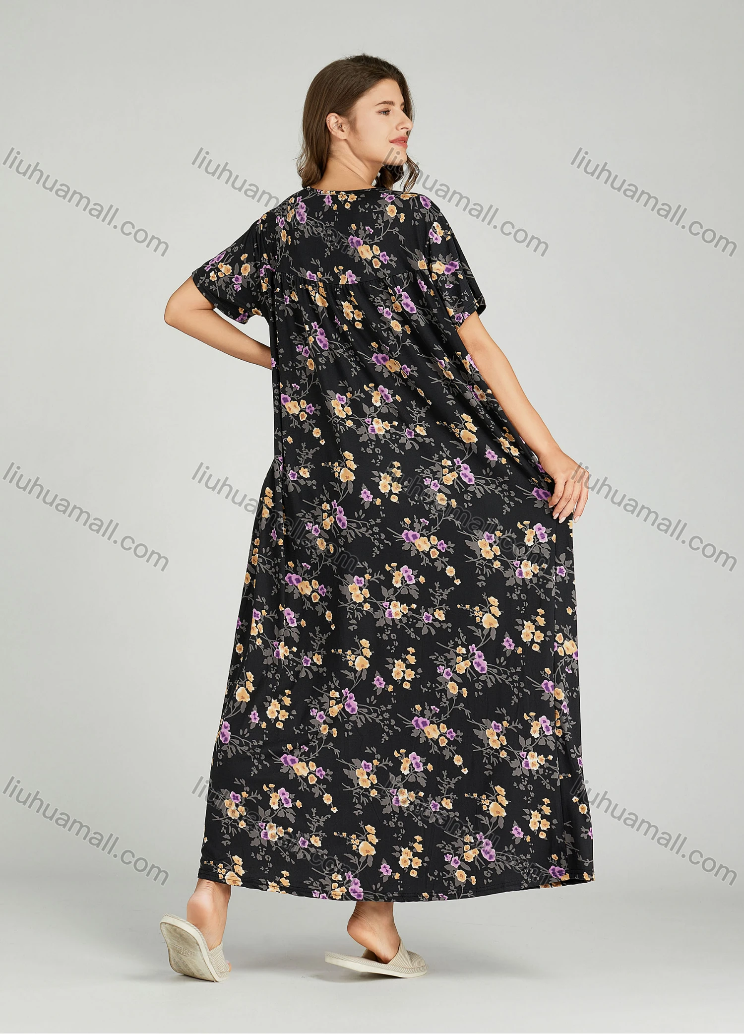 Wholesale Women's Allover Floral Print Milk Silk Scoop Neck Lace Trim Lounge Maxi Night Dress 5014# - Liuhuamall