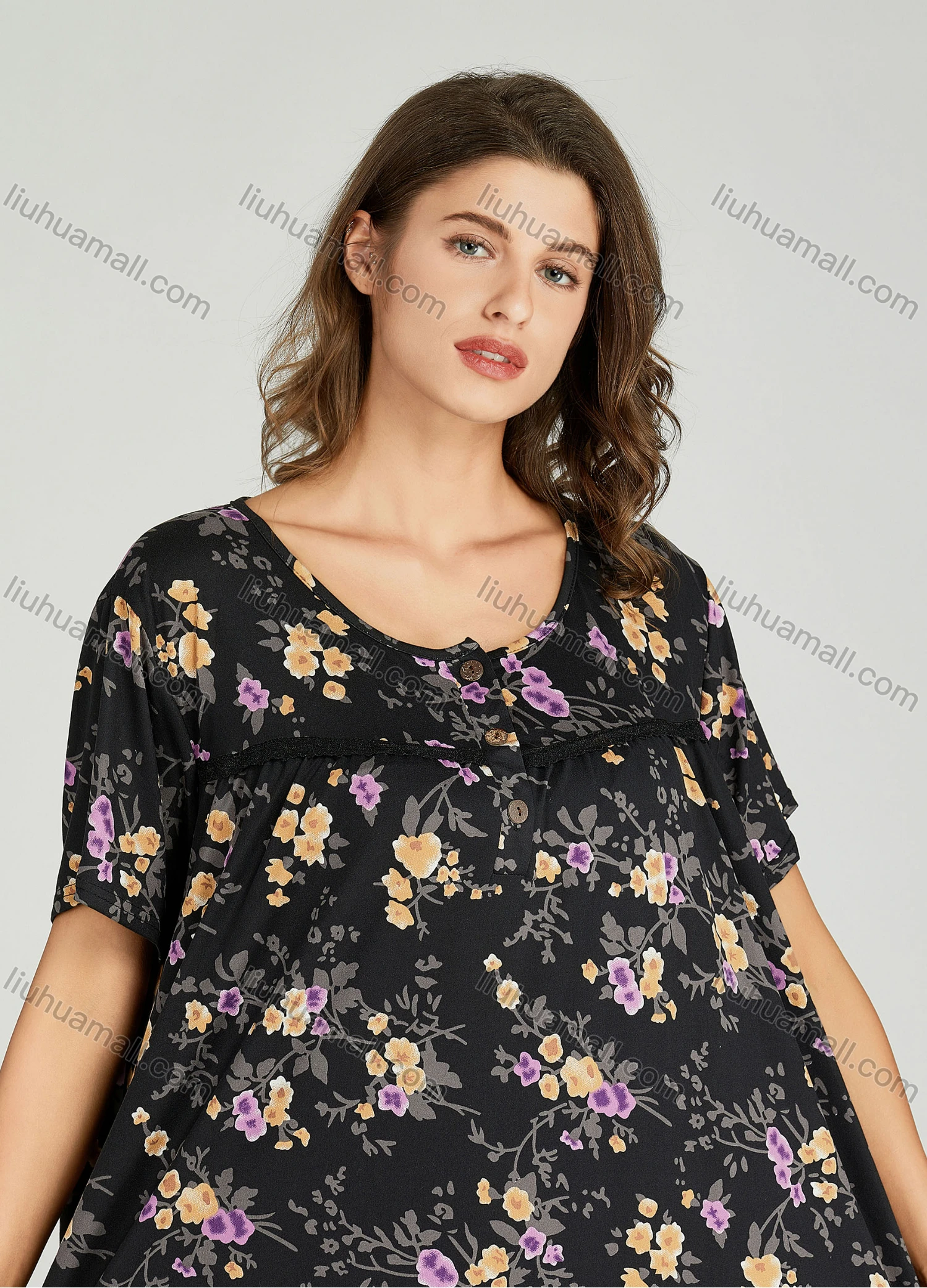 Wholesale Women's Allover Floral Print Milk Silk Scoop Neck Lace Trim Lounge Maxi Night Dress 5014# - Liuhuamall