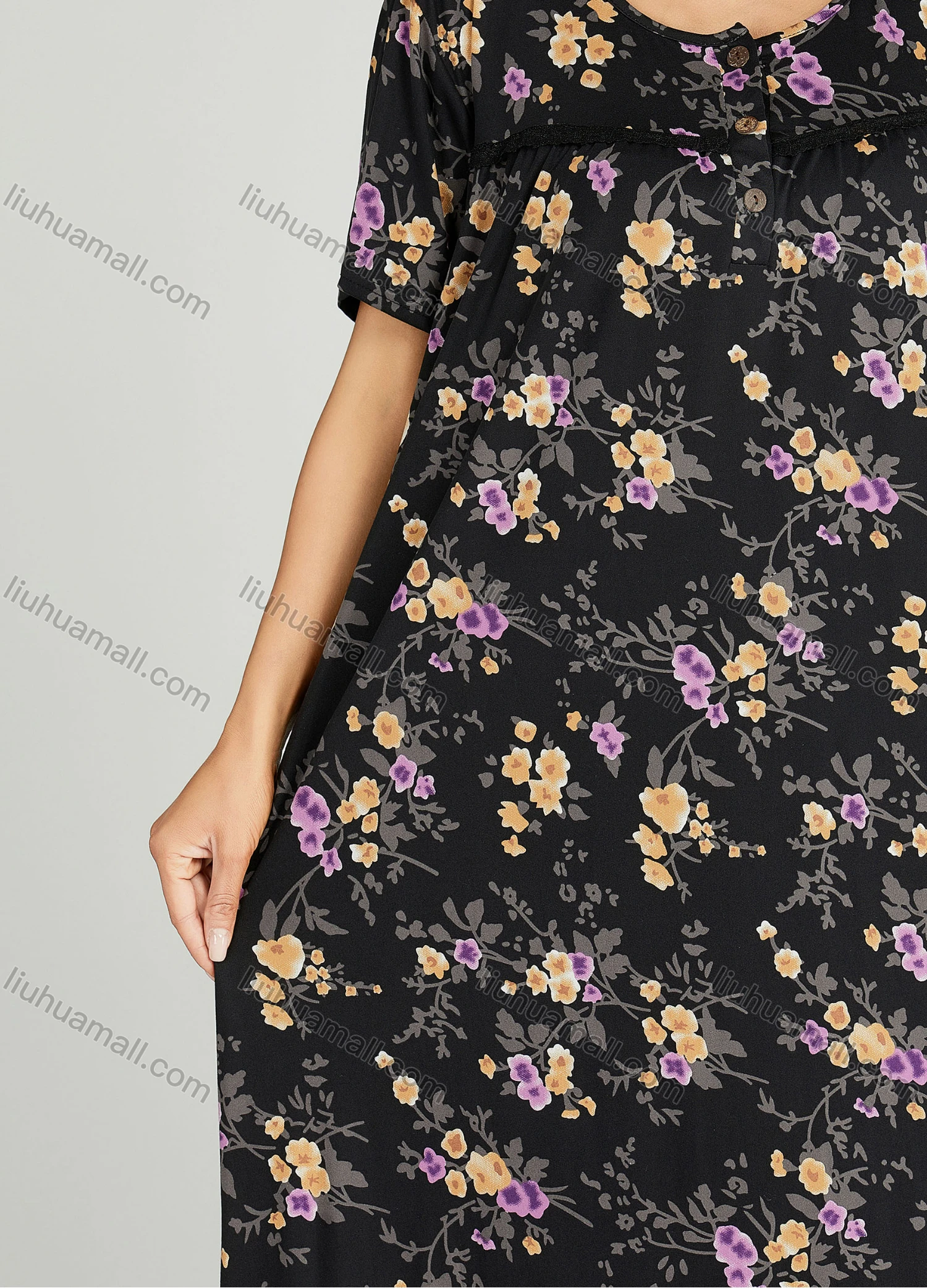 Wholesale Women's Allover Floral Print Milk Silk Scoop Neck Lace Trim Lounge Maxi Night Dress 5014# - Liuhuamall