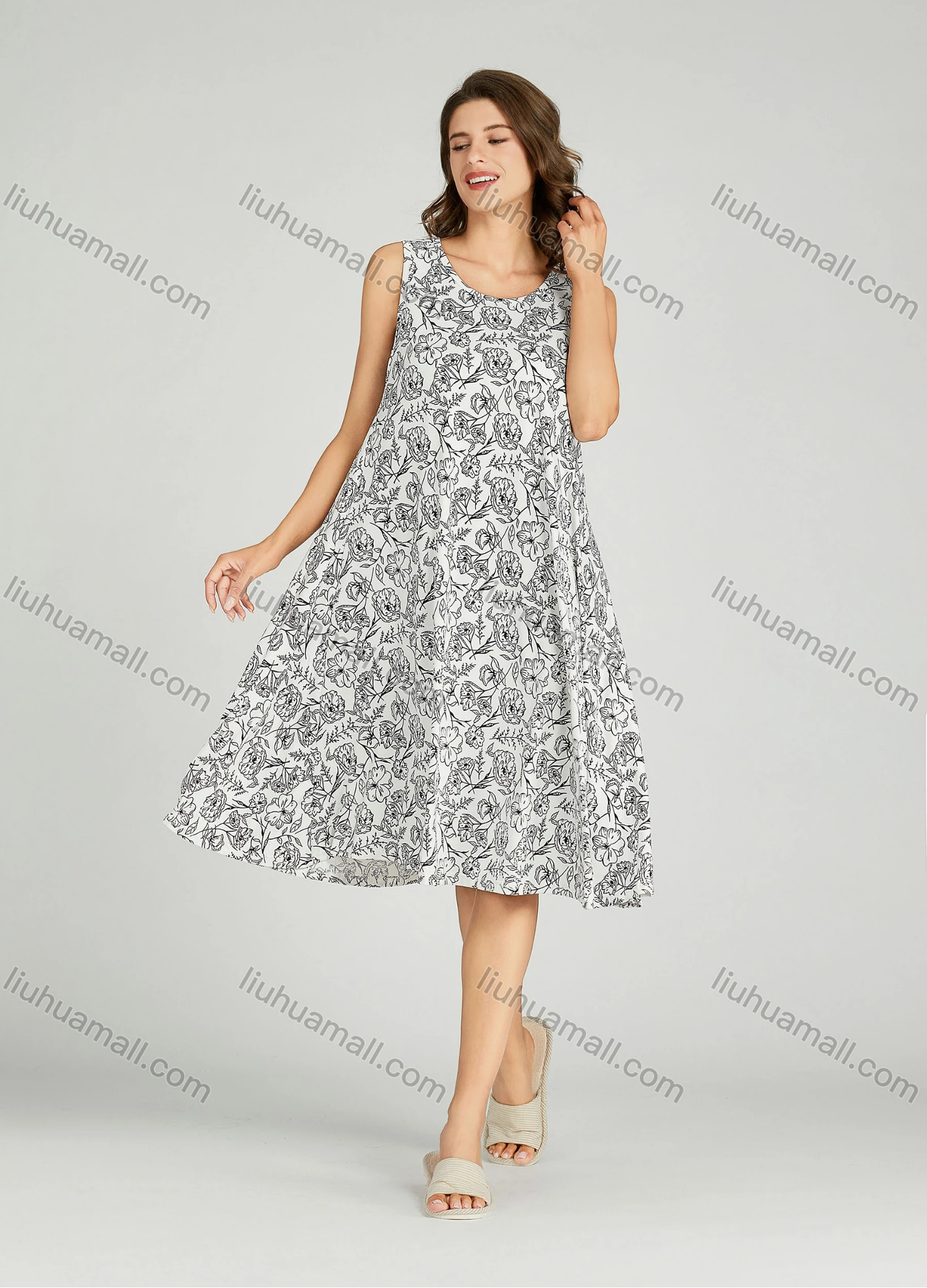 Wholesale Women's Allover Floral Print Scoop Neck Milk Silk Lounge Midi Sleeveless Night Dress 01# - Liuhuamall