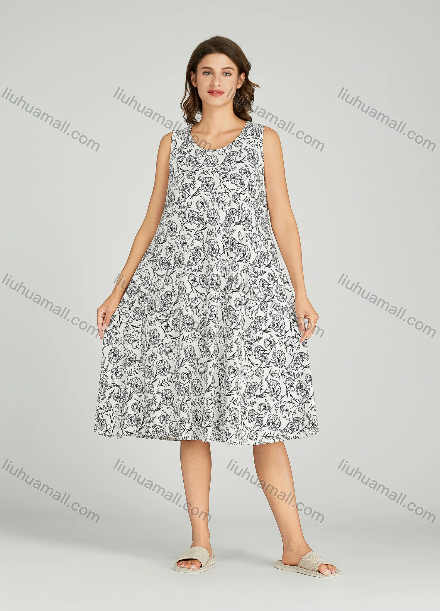 Wholesale Women's Allover Floral Print Scoop Neck Milk Silk Lounge Midi Sleeveless Night Dress 01# - Liuhuamall