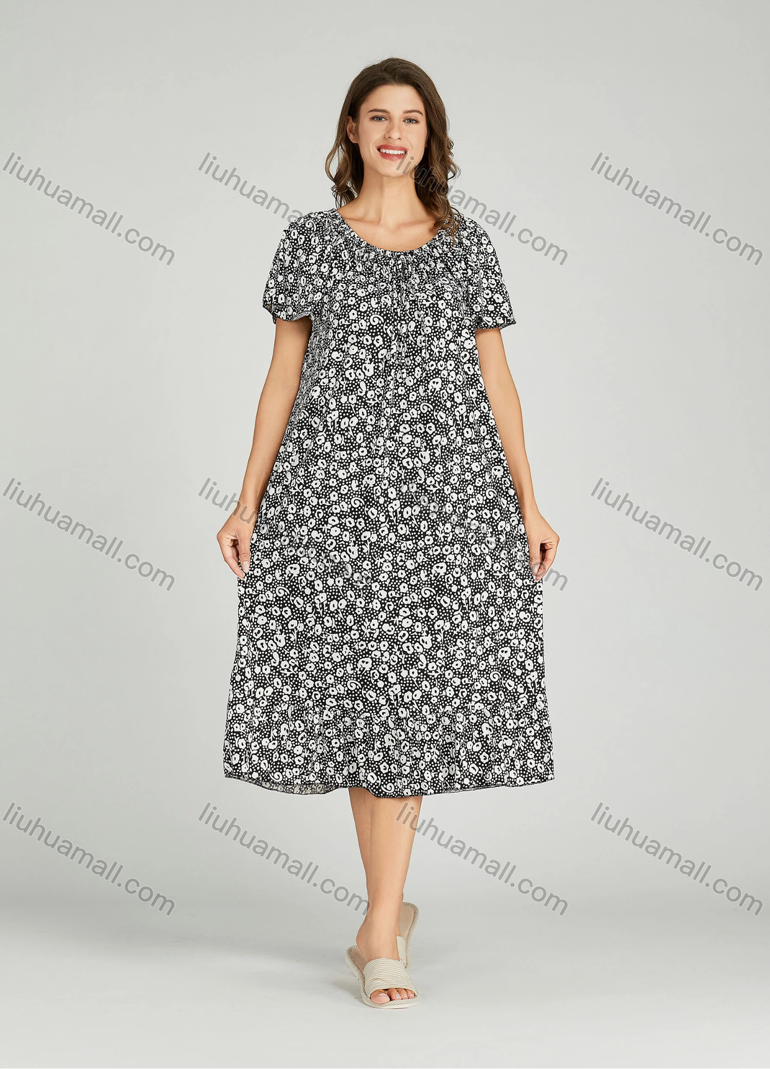 Wholesale Women's Allover Print Milk Silk Crew Neck Lounge Short Sleeve Midi Night Dress 64# - Liuhuamall