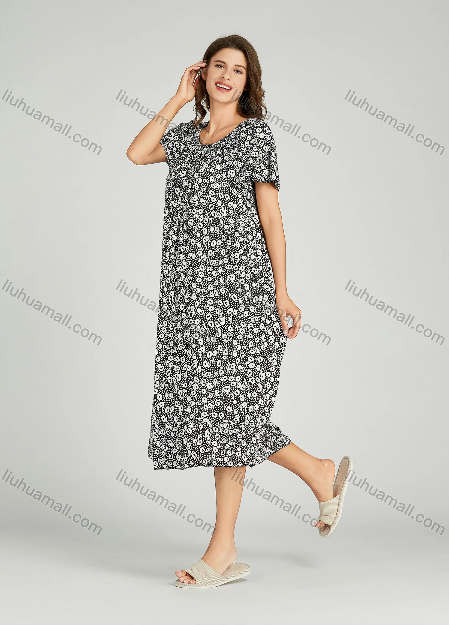 Wholesale Women's Allover Print Milk Silk Crew Neck Lounge Short Sleeve Midi Night Dress 64# - Liuhuamall