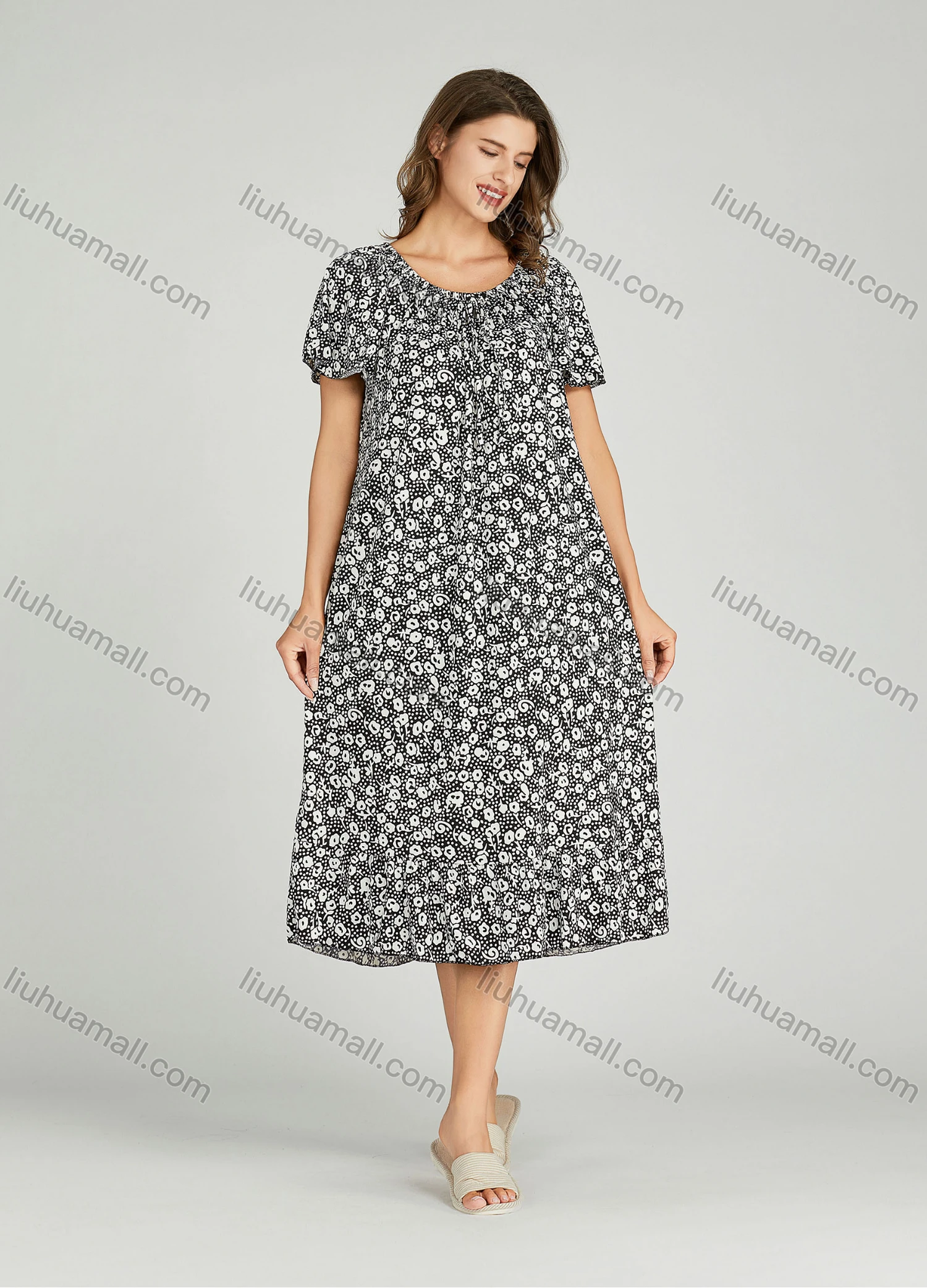 Wholesale Women's Allover Print Milk Silk Crew Neck Lounge Short Sleeve Midi Night Dress 64# - Liuhuamall