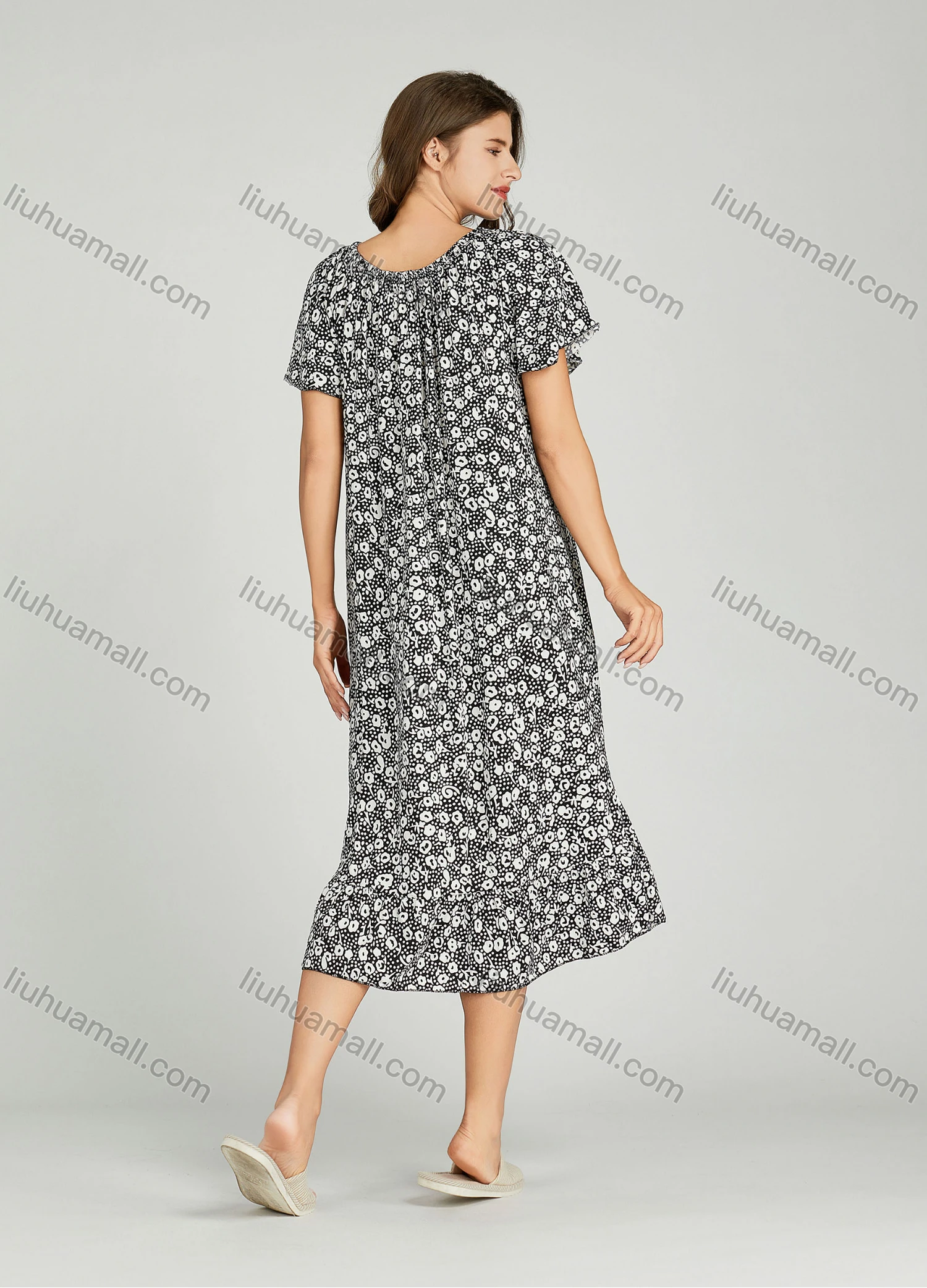 Wholesale Women's Allover Print Milk Silk Crew Neck Lounge Short Sleeve Midi Night Dress 64# - Liuhuamall