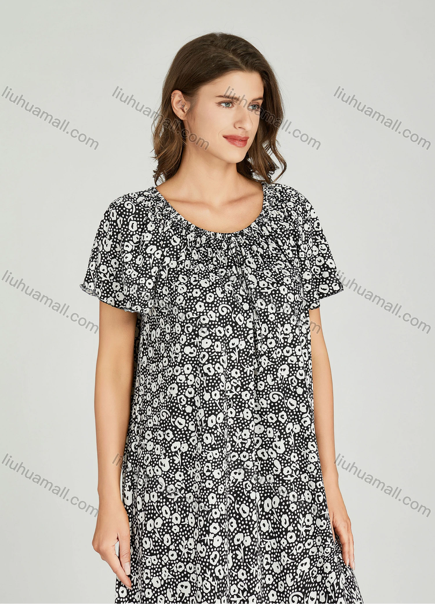 Wholesale Women's Allover Print Milk Silk Crew Neck Lounge Short Sleeve Midi Night Dress 64# - Liuhuamall