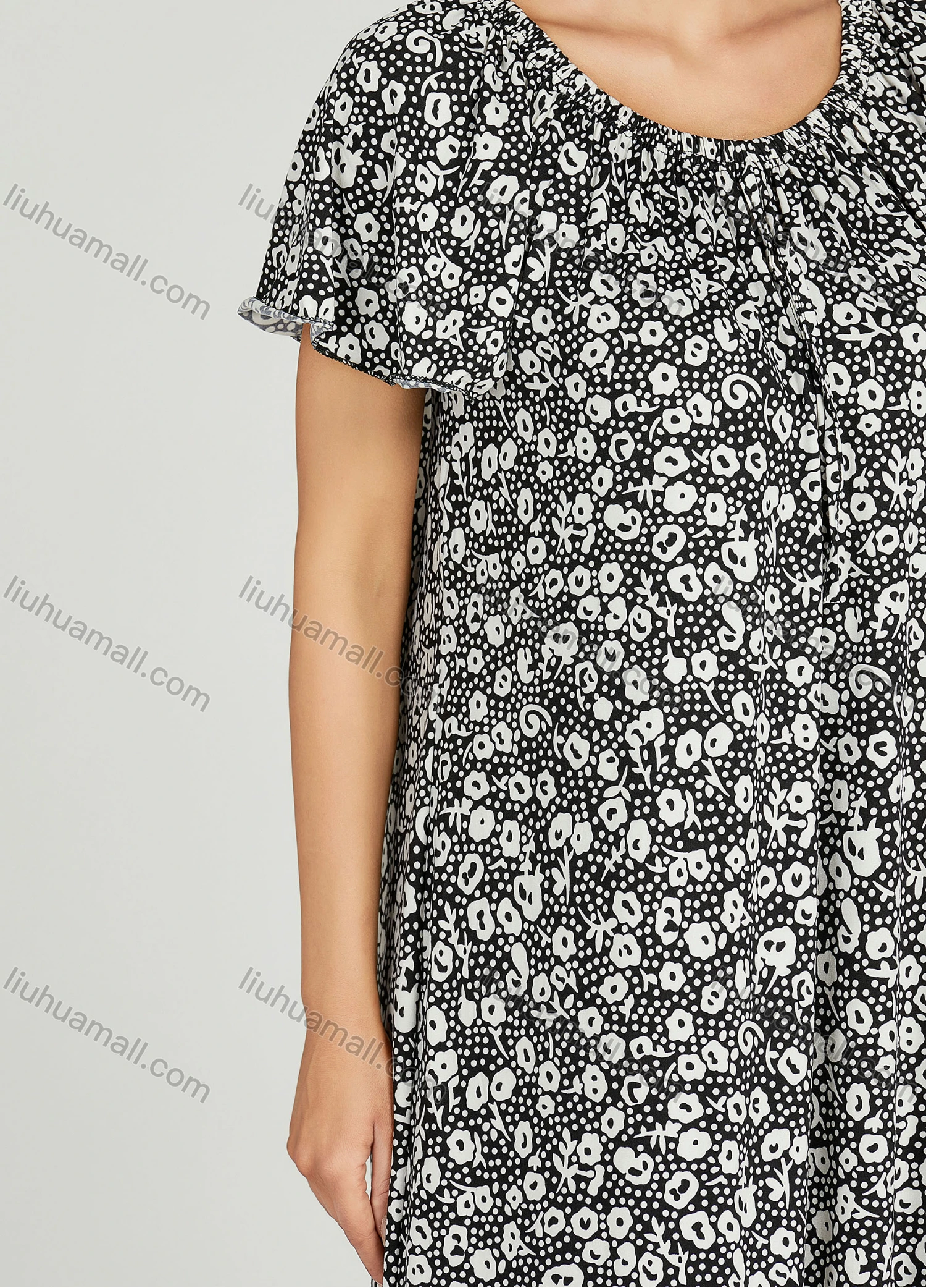 Wholesale Women's Allover Print Milk Silk Crew Neck Lounge Short Sleeve Midi Night Dress 64# - Liuhuamall