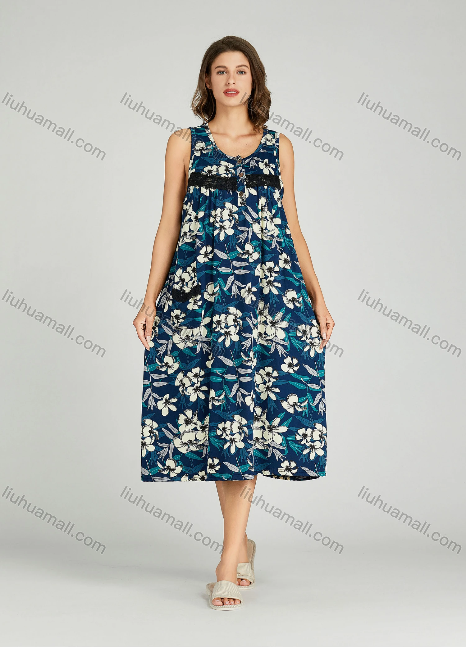 Wholesale Women's Allover Floral Print Milk Silk Lace Trim Lounge Sleeveless Midi Night Dress 1148-1# - Liuhuamall