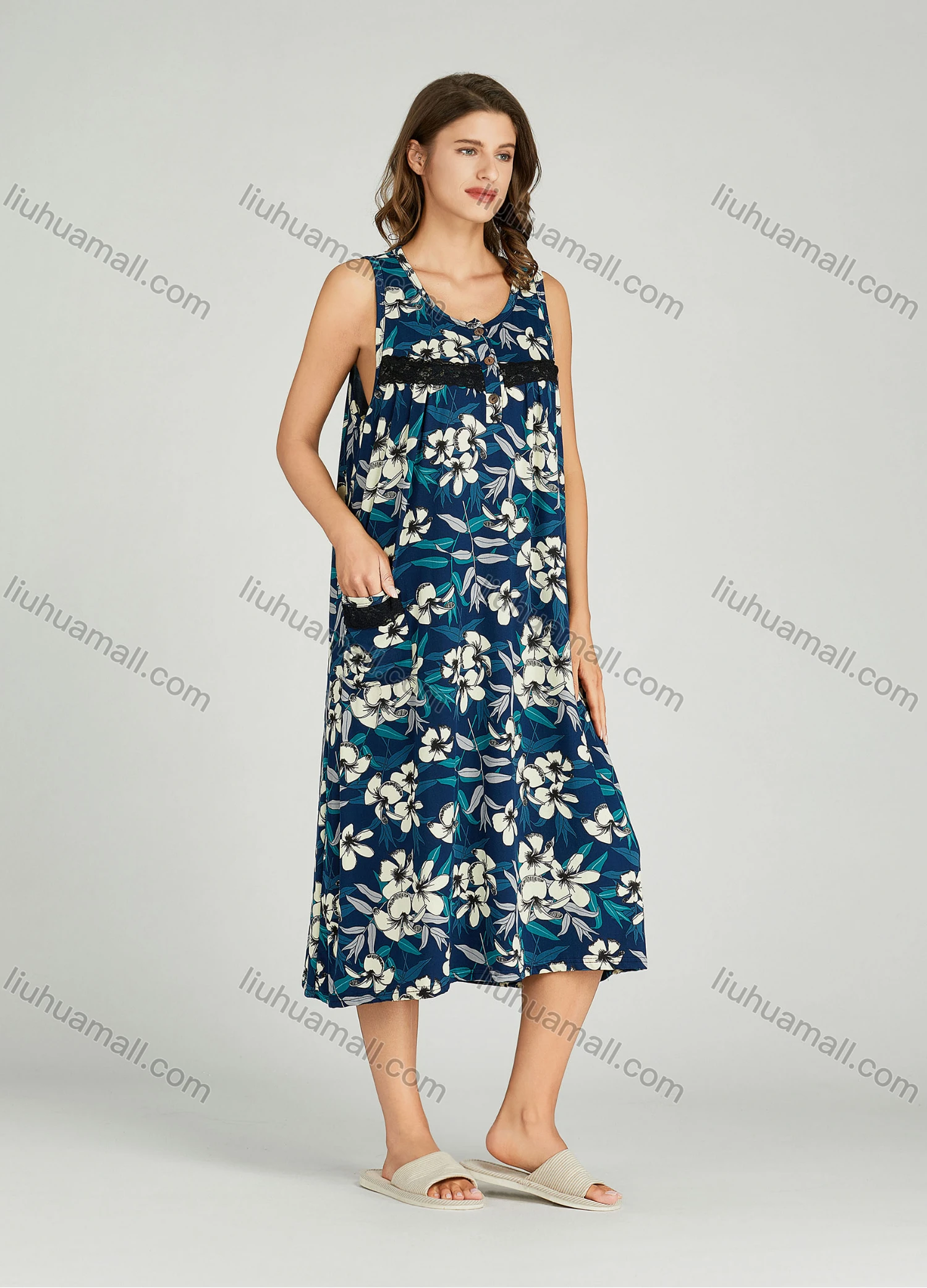 Wholesale Women's Allover Floral Print Milk Silk Lace Trim Lounge Sleeveless Midi Night Dress 1148-1# - Liuhuamall