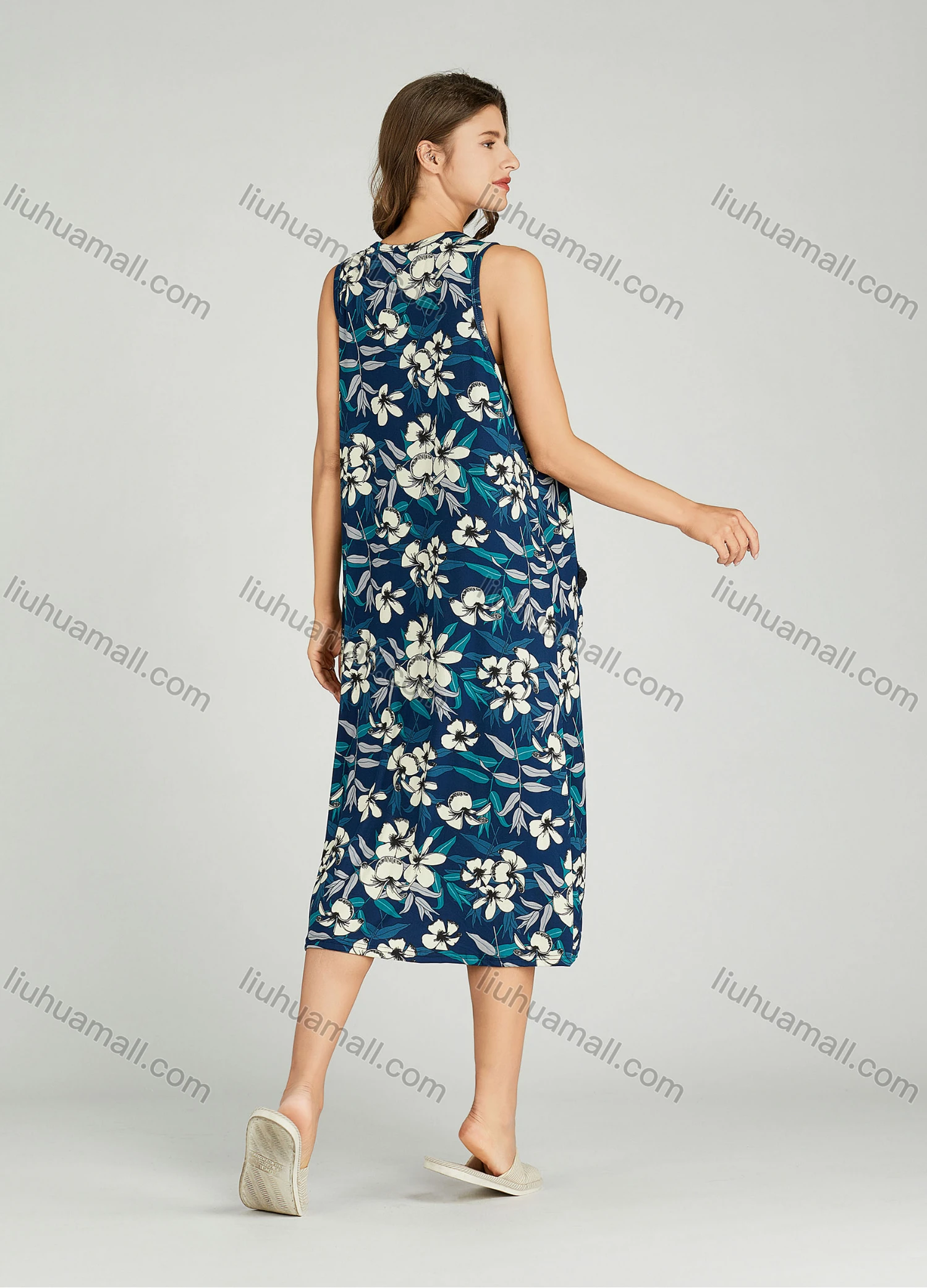 Wholesale Women's Allover Floral Print Milk Silk Lace Trim Lounge Sleeveless Midi Night Dress 1148-1# - Liuhuamall