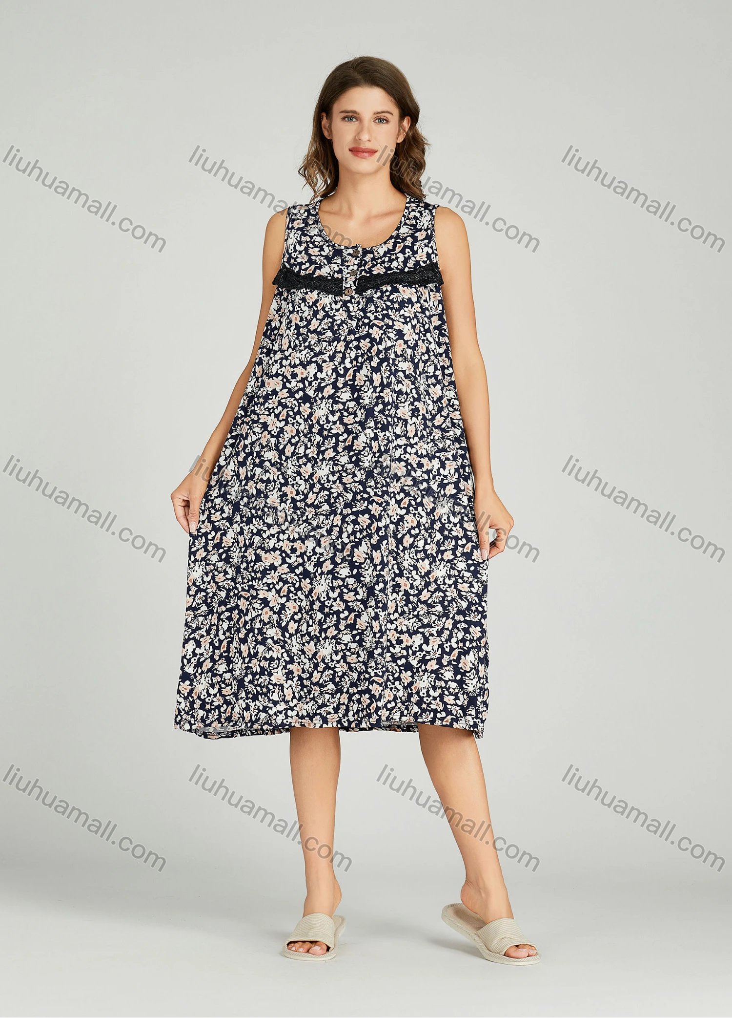 Wholesale Women's Allover Floral Print Milk Silk Lace Trim Lounge Sleeveless Midi Night Dress 1148-2# - Liuhuamall