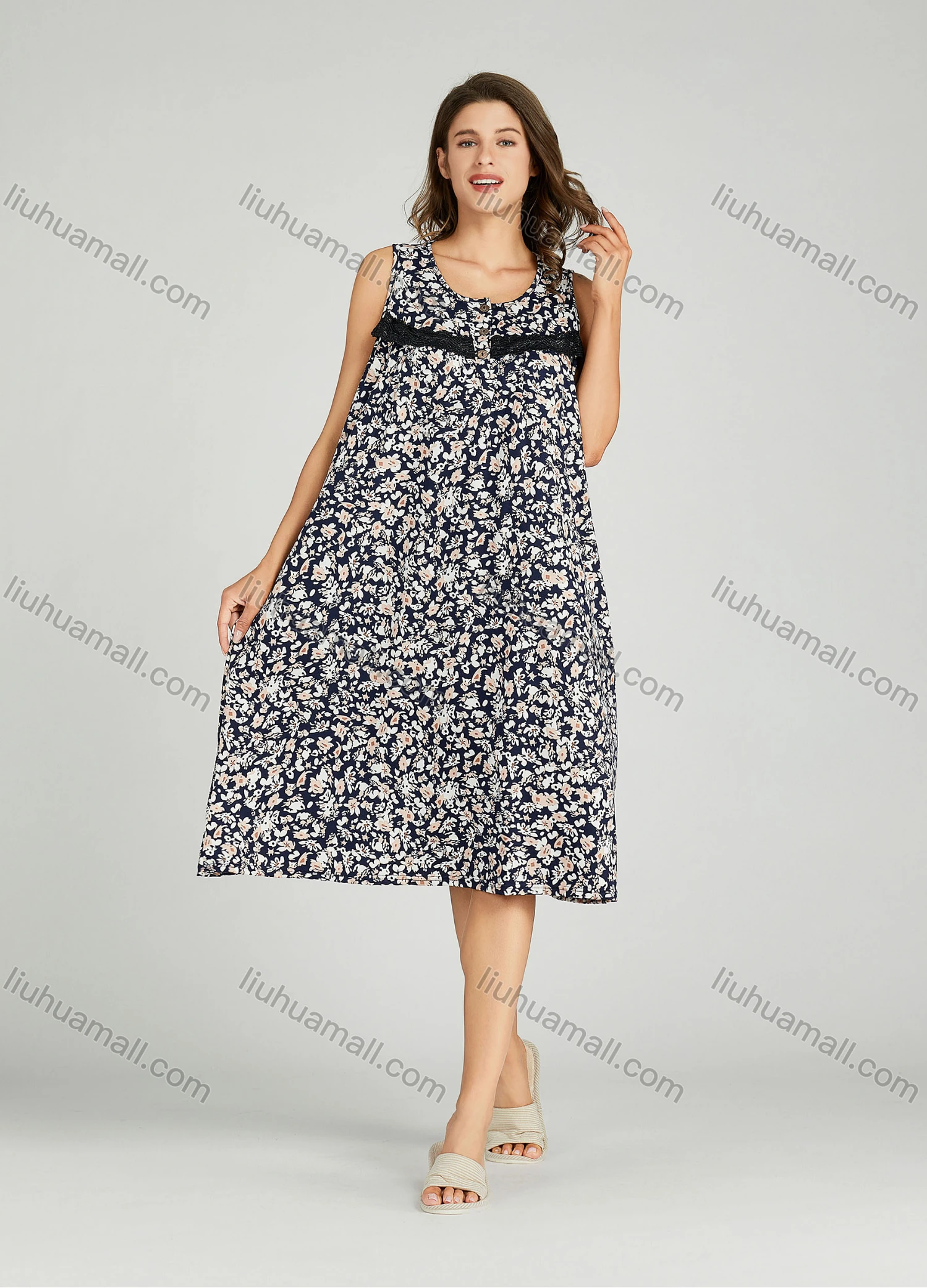 Wholesale Women's Allover Floral Print Milk Silk Lace Trim Lounge Sleeveless Midi Night Dress 1148-2# - Liuhuamall