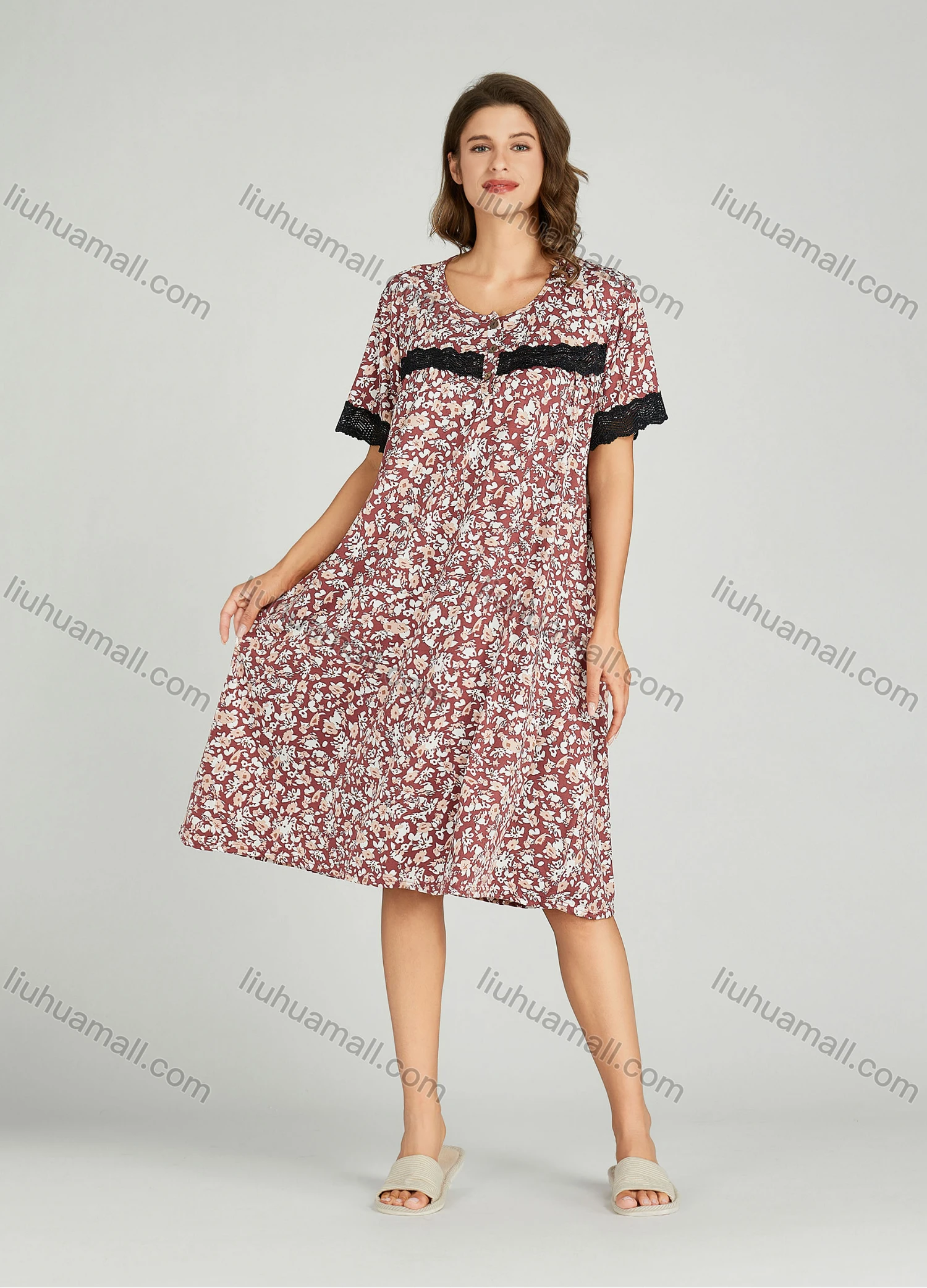 Wholesale Women's Lace Trim Allover Floral Print Milk Silk Lounge Short Sleeve Midi Night Dress 1149-1# - Liuhuamall