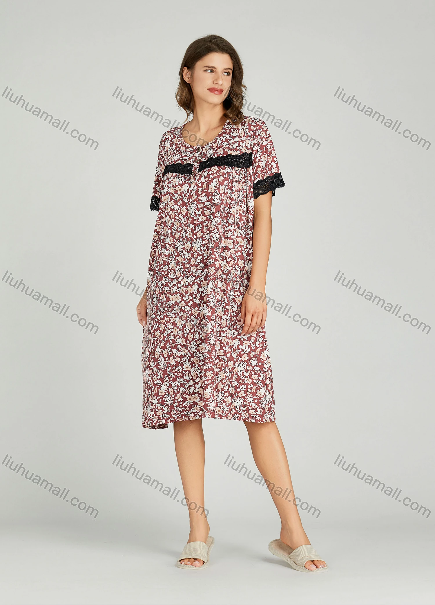 Wholesale Women's Lace Trim Allover Floral Print Milk Silk Lounge Short Sleeve Midi Night Dress 1149-1# - Liuhuamall