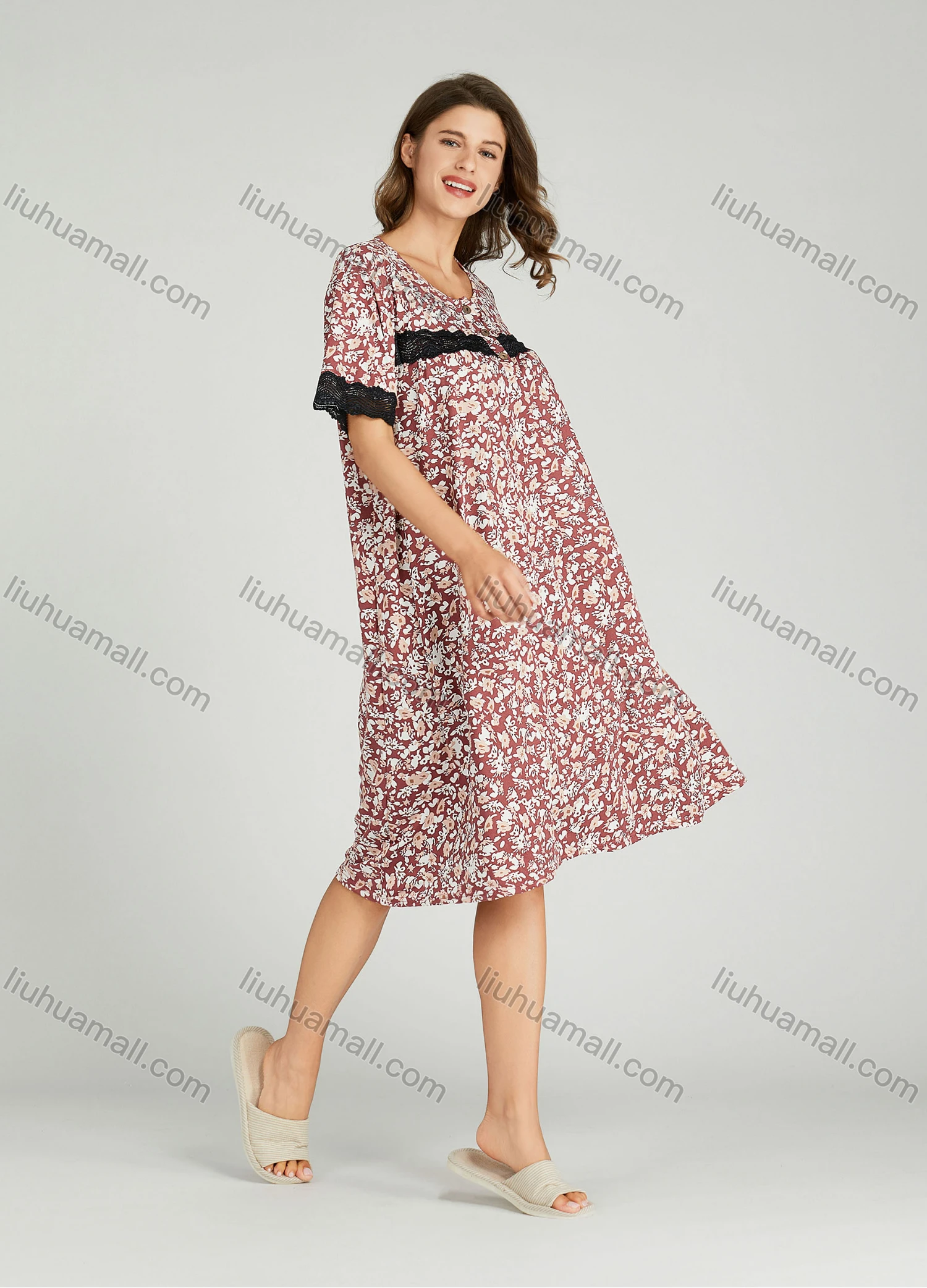 Wholesale Women's Lace Trim Allover Floral Print Milk Silk Lounge Short Sleeve Midi Night Dress 1149-1# - Liuhuamall