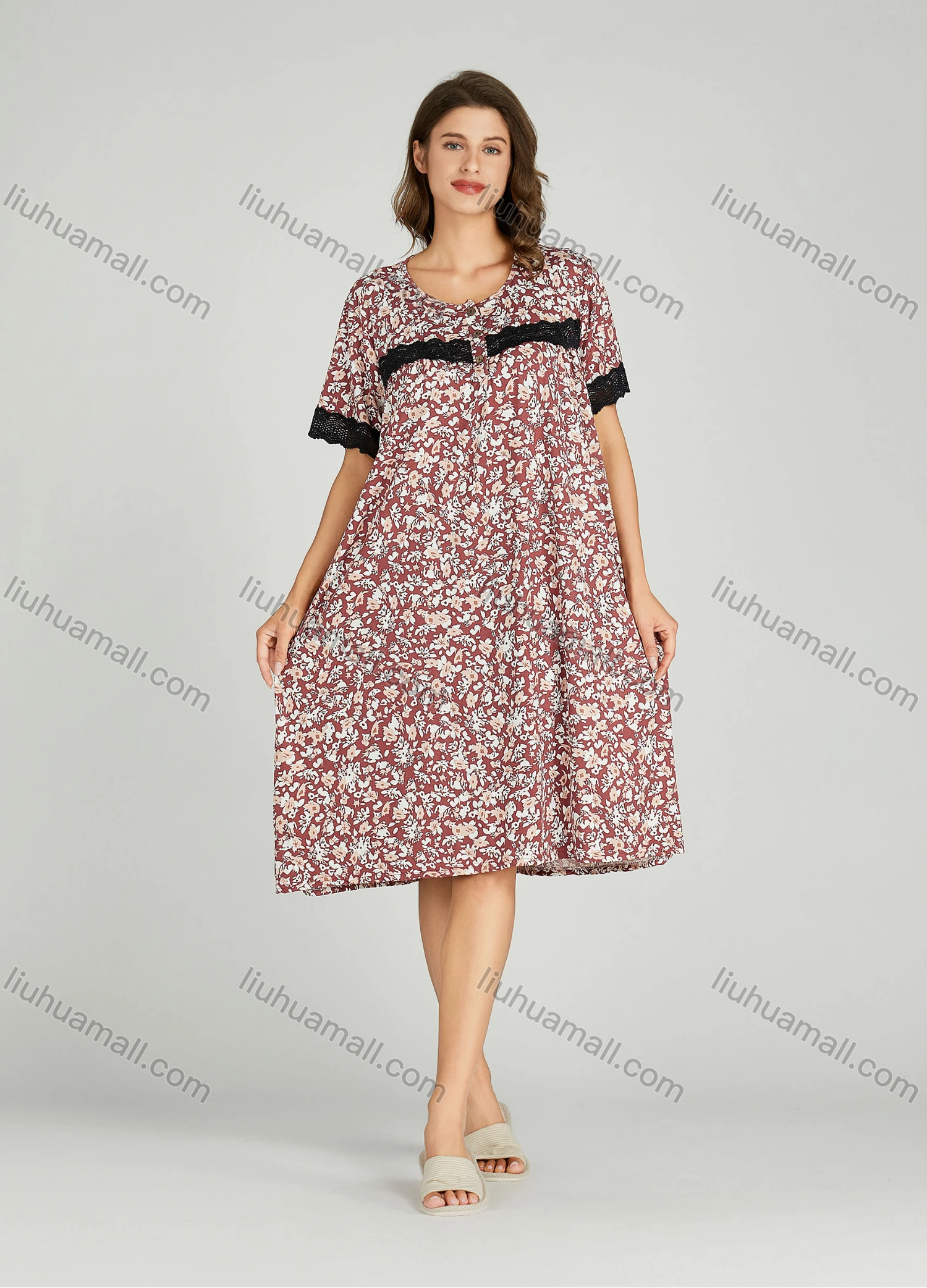 Wholesale Women's Lace Trim Allover Floral Print Milk Silk Lounge Short Sleeve Midi Night Dress 1149-1# - Liuhuamall