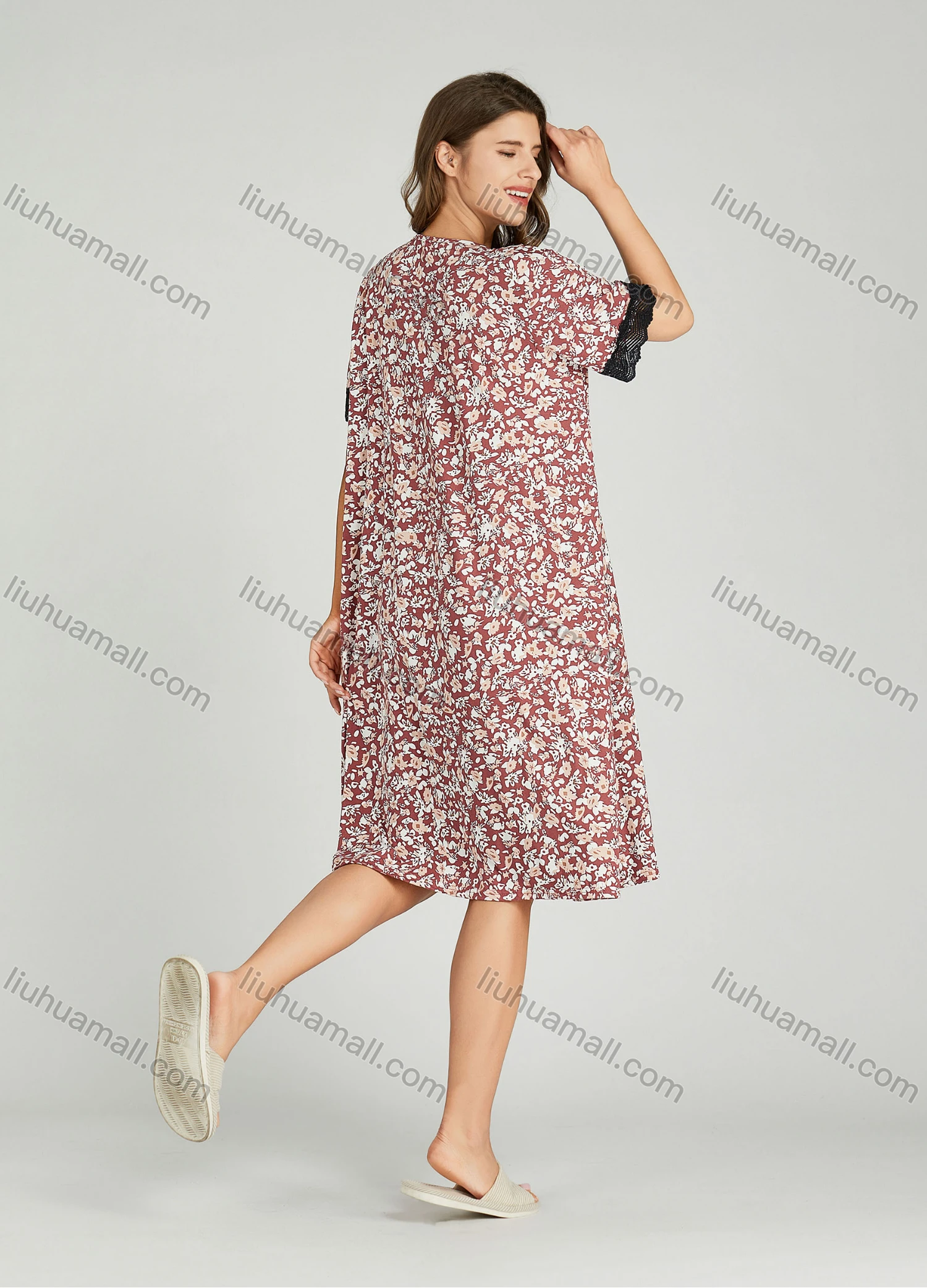 Wholesale Women's Lace Trim Allover Floral Print Milk Silk Lounge Short Sleeve Midi Night Dress 1149-1# - Liuhuamall