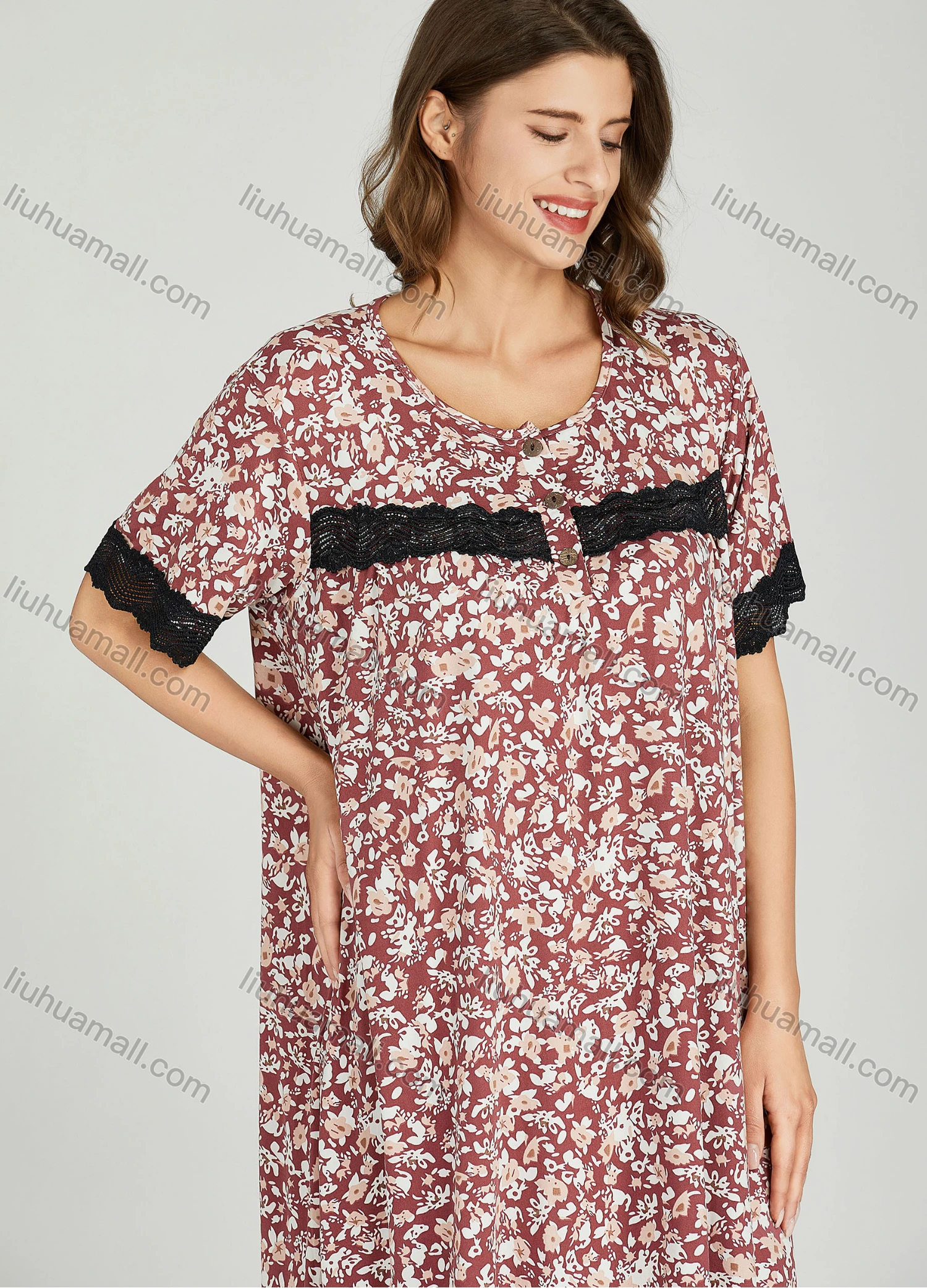 Wholesale Women's Lace Trim Allover Floral Print Milk Silk Lounge Short Sleeve Midi Night Dress 1149-1# - Liuhuamall