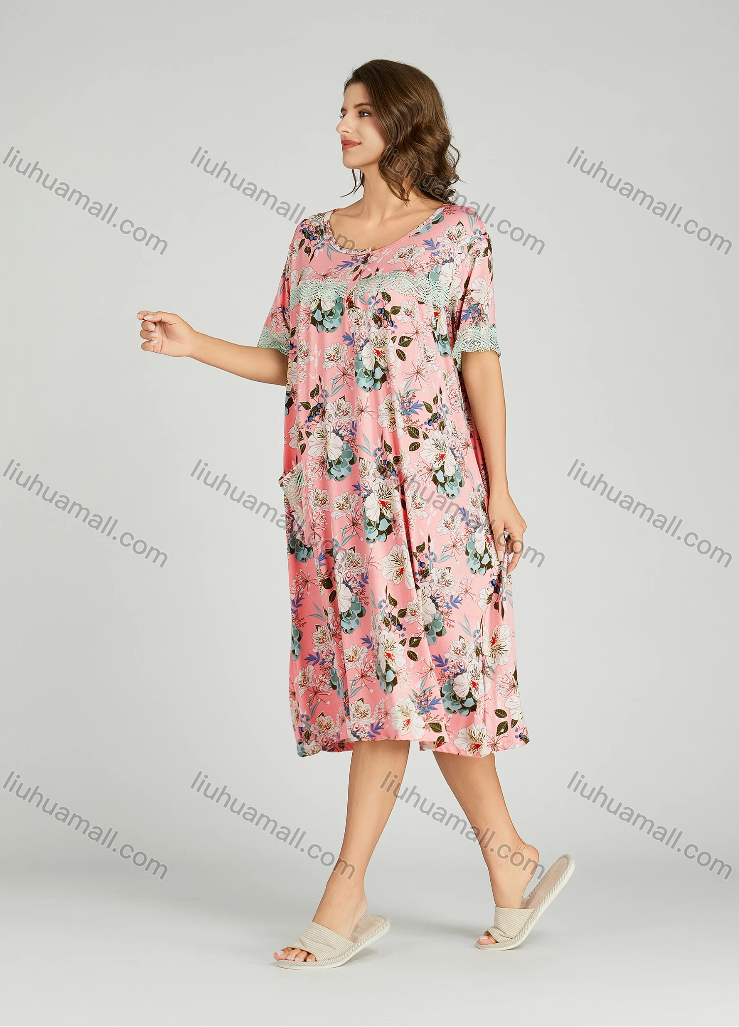 Wholesale Women's Lace Trim Allover Floral Print Milk Silk Pocket Lounge Midi Night Dress 1149-2# - Liuhuamall