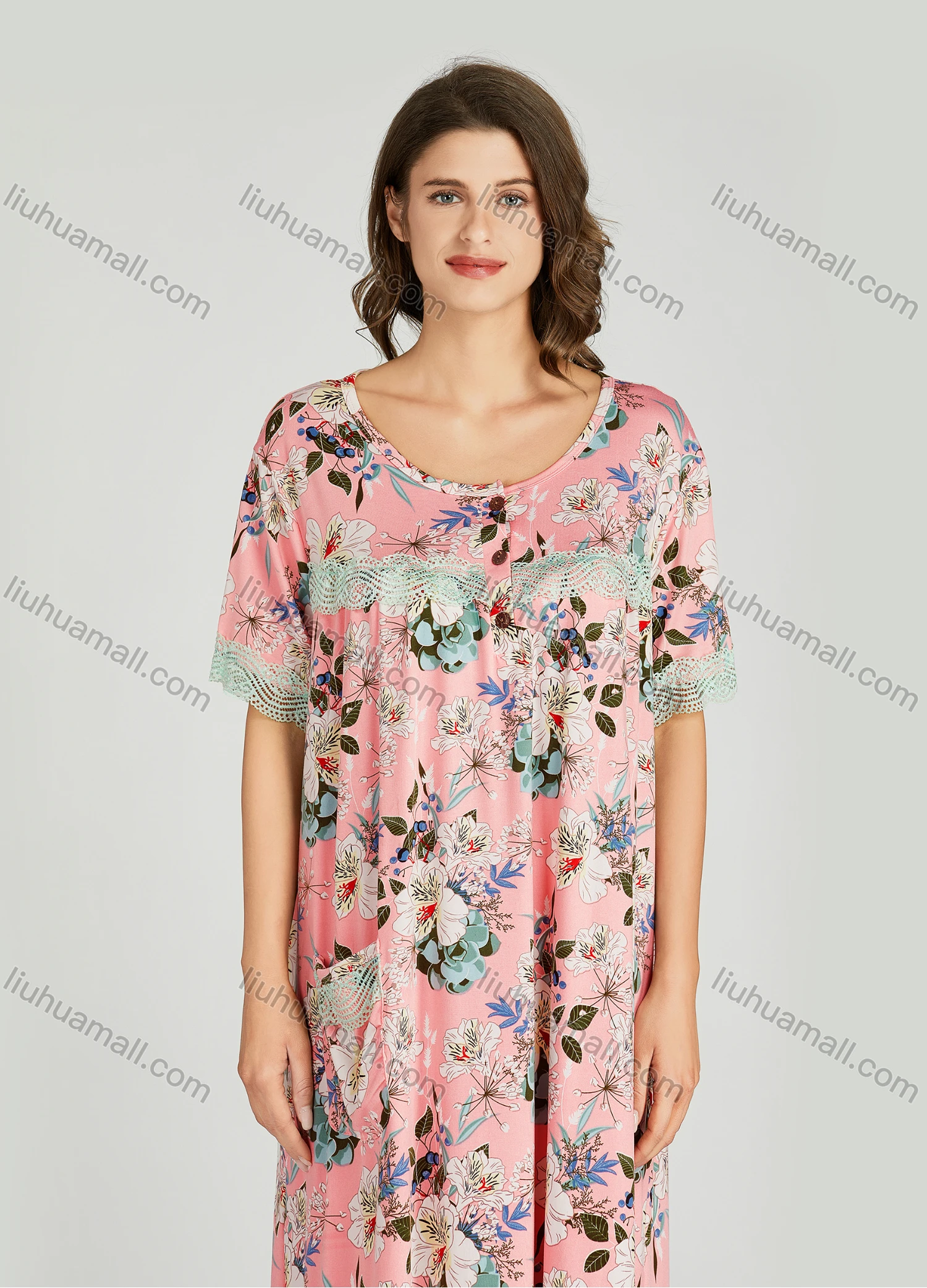 Wholesale Women's Lace Trim Allover Floral Print Milk Silk Pocket Lounge Midi Night Dress 1149-2# - Liuhuamall