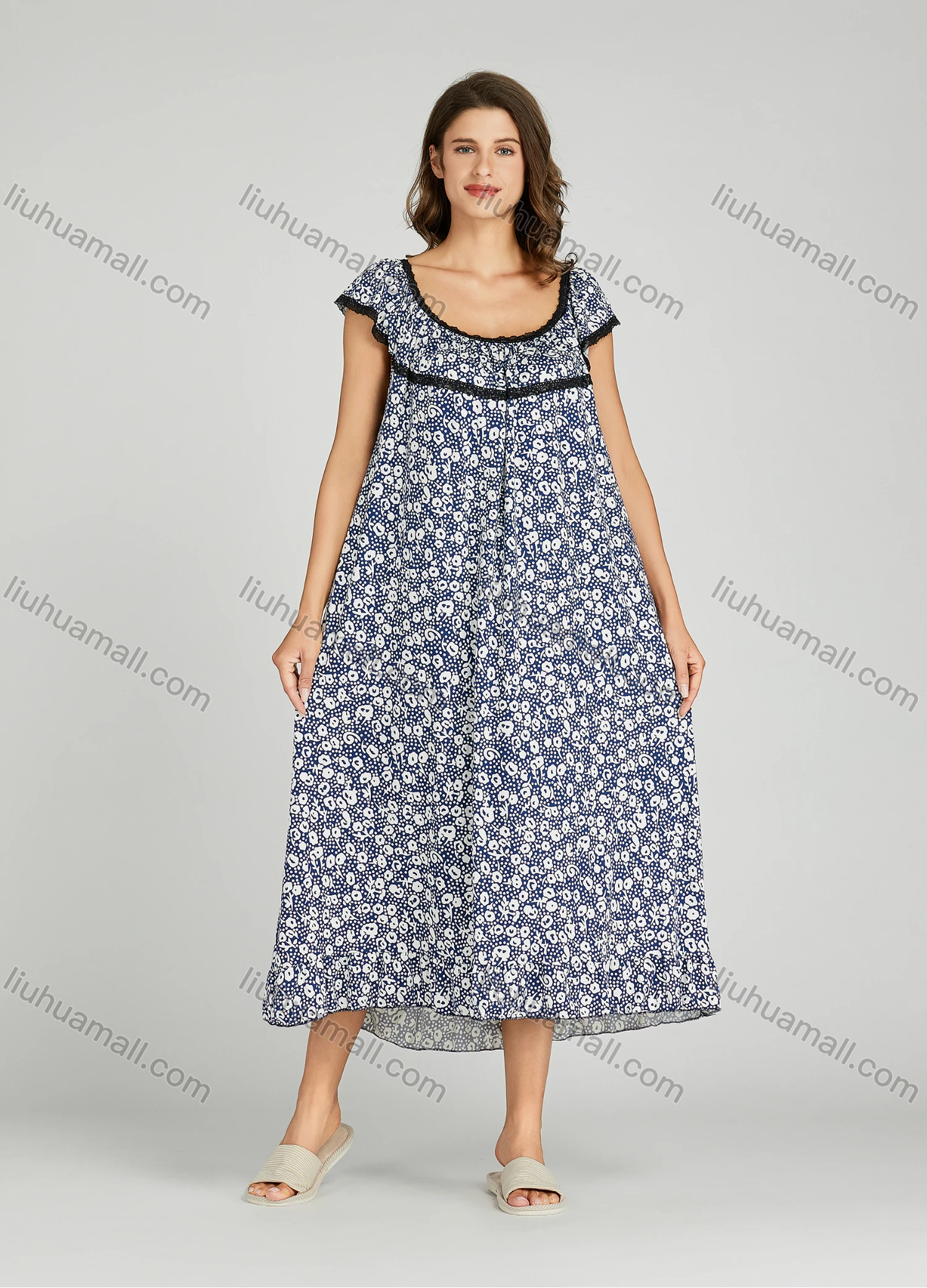 Wholesale Women's Milk Silk Lace Trim Allover Print Lounge Cap Sleeve Maxi Night Dress 001# - Liuhuamall