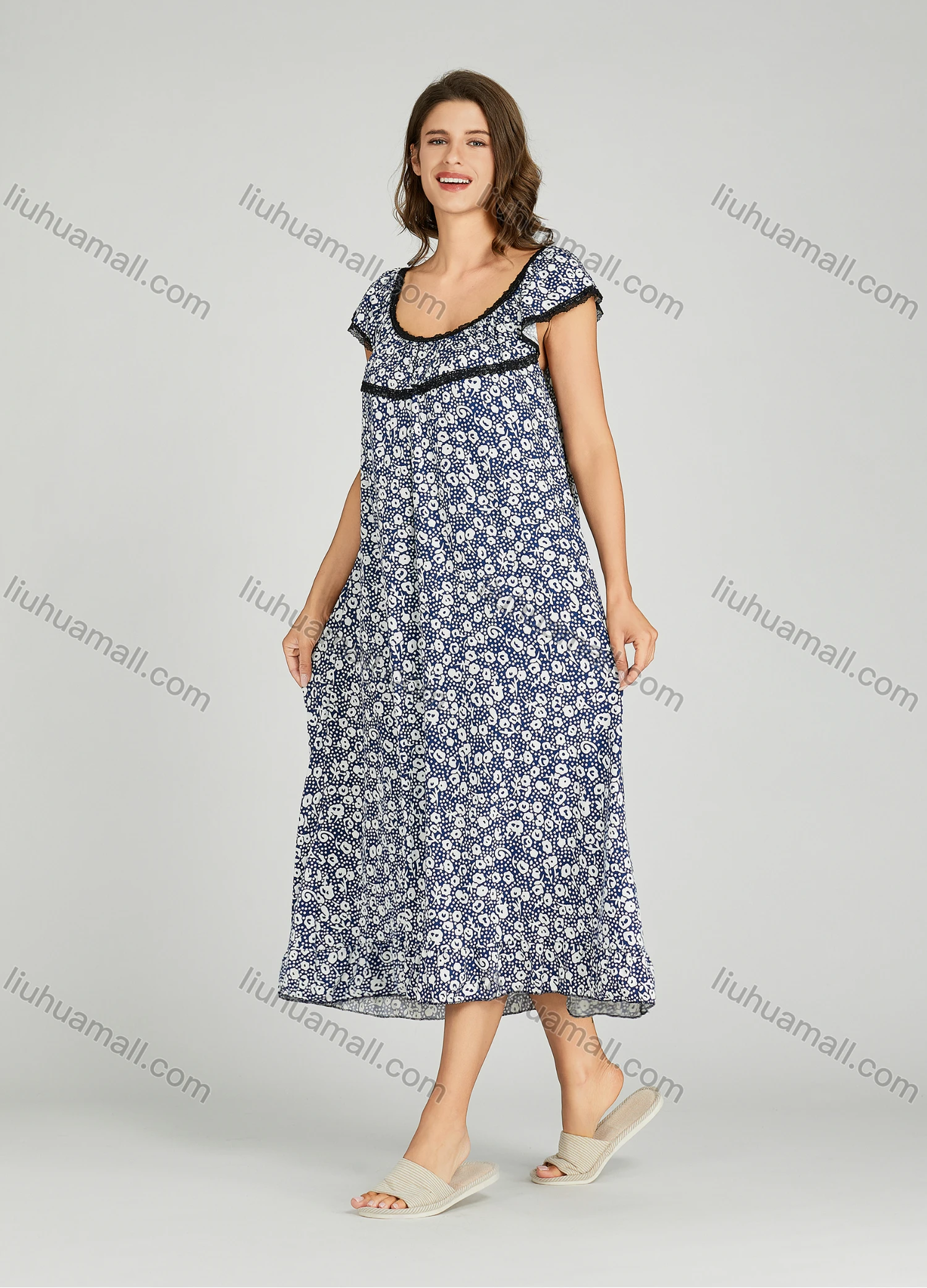 Wholesale Women's Milk Silk Lace Trim Allover Print Lounge Cap Sleeve Maxi Night Dress 001# - Liuhuamall