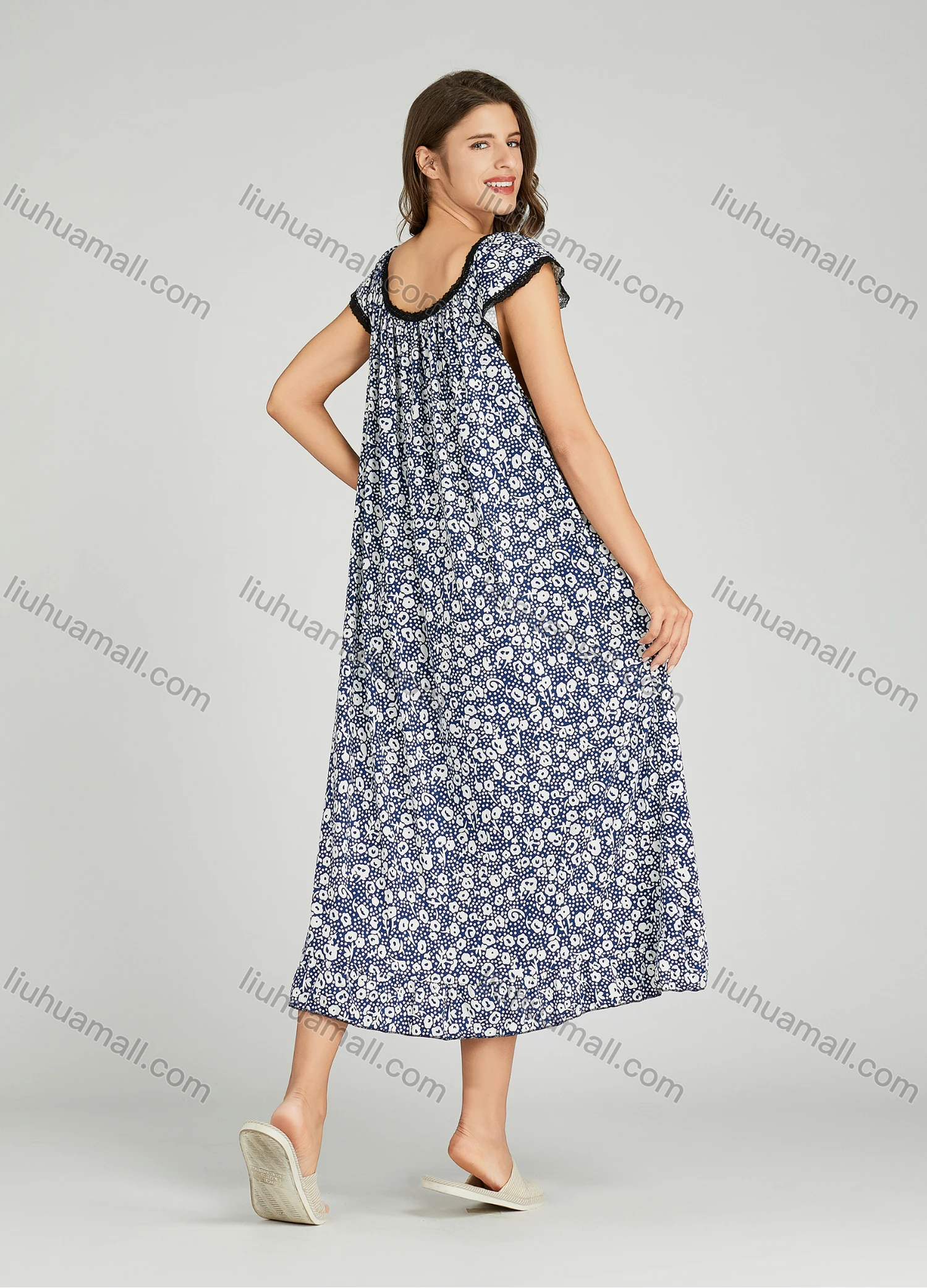 Wholesale Women's Milk Silk Lace Trim Allover Print Lounge Cap Sleeve Maxi Night Dress 001# - Liuhuamall